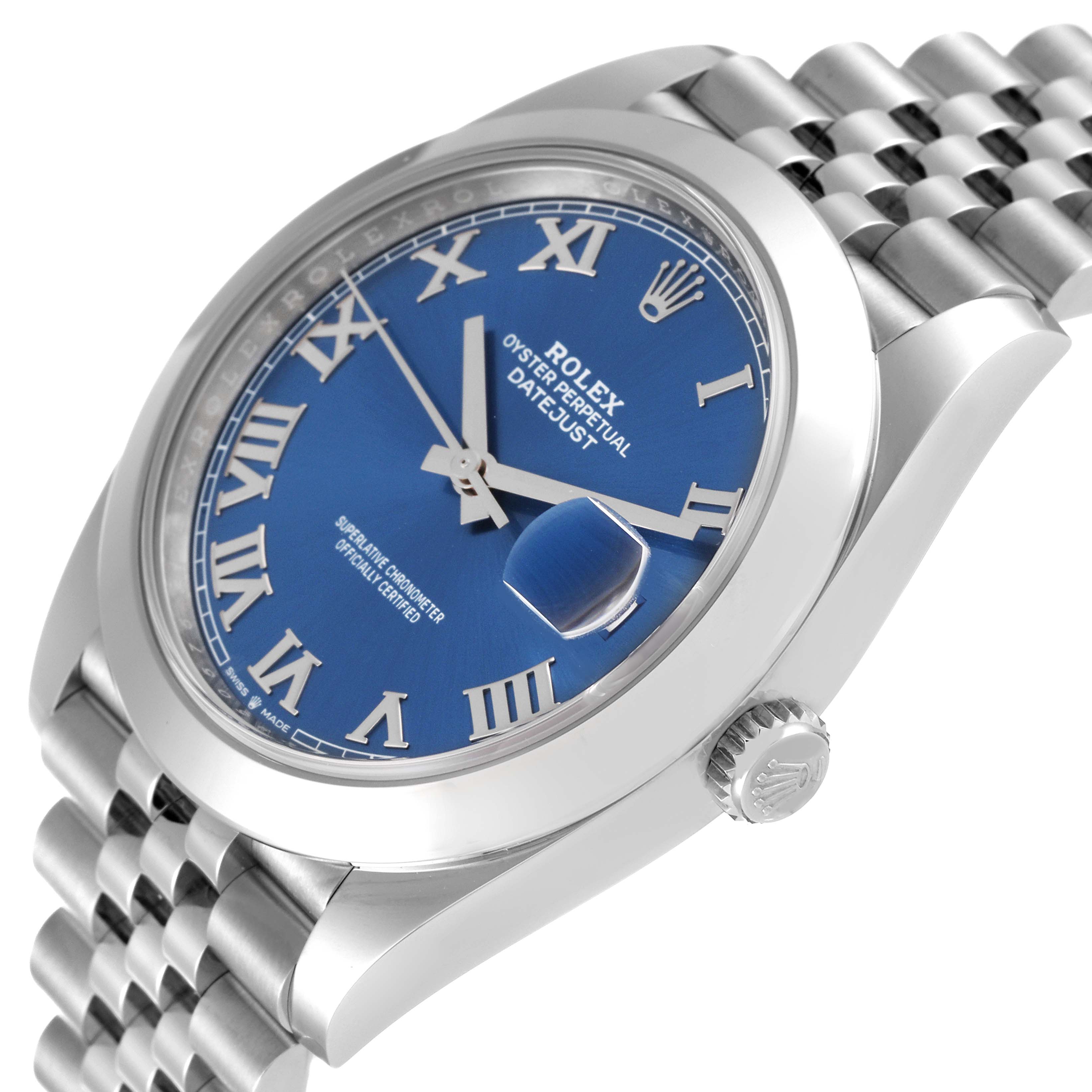 The Rolex Datejust 41 126300 Men's Stainless Steel Blue Dial 126300 Men's Stainless Steel Blue Dial watch is shown from a slightly tilted side angle, highlighting its blue dial, Roman numerals, and Jubilee bracelet.