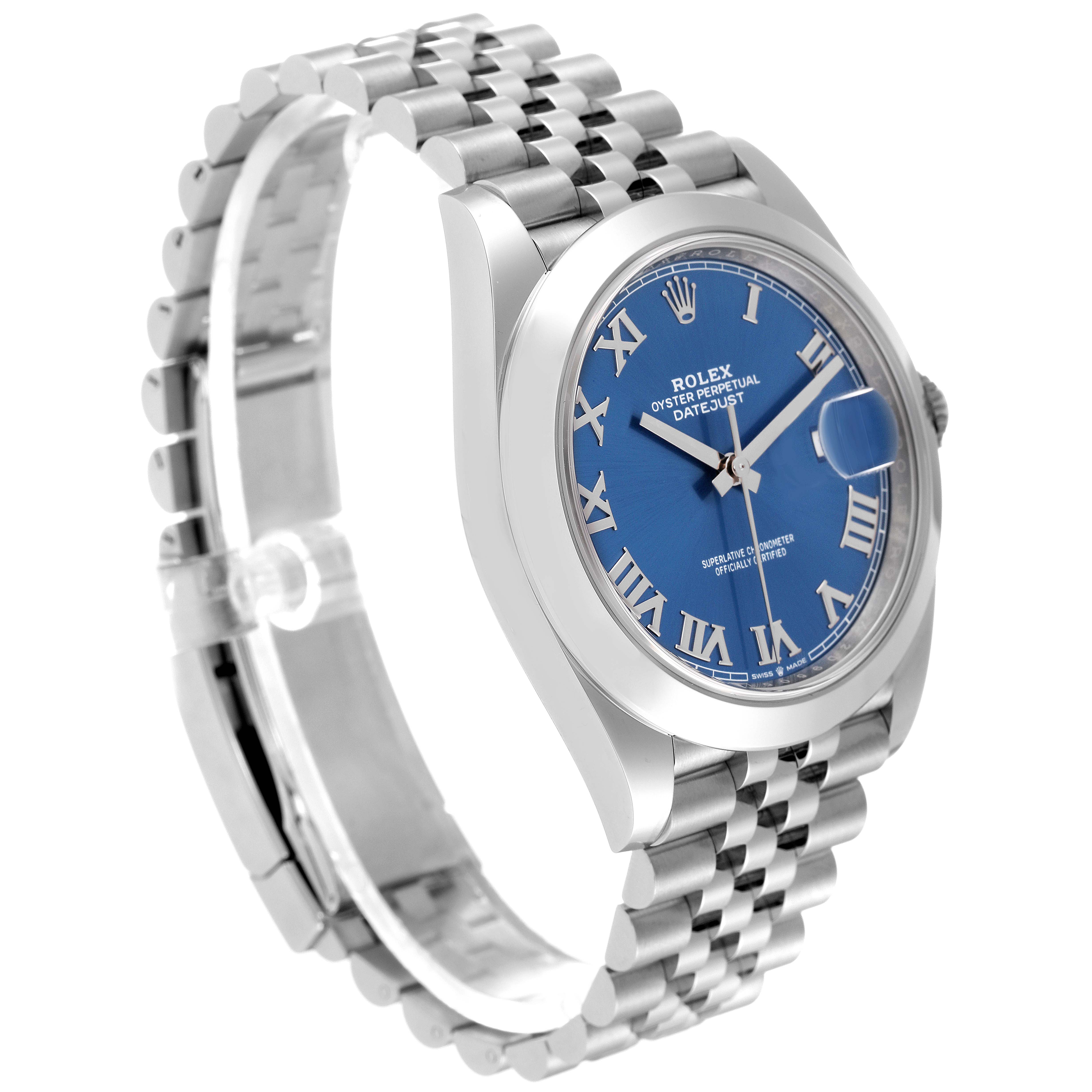 The image shows a side-angle view of the Rolex Datejust 41 126300 Men's Stainless Steel Blue Dial 126300 Men's Stainless Steel Blue Dial watch, highlighting the blue dial, Roman numerals, and Jubilee bracelet.