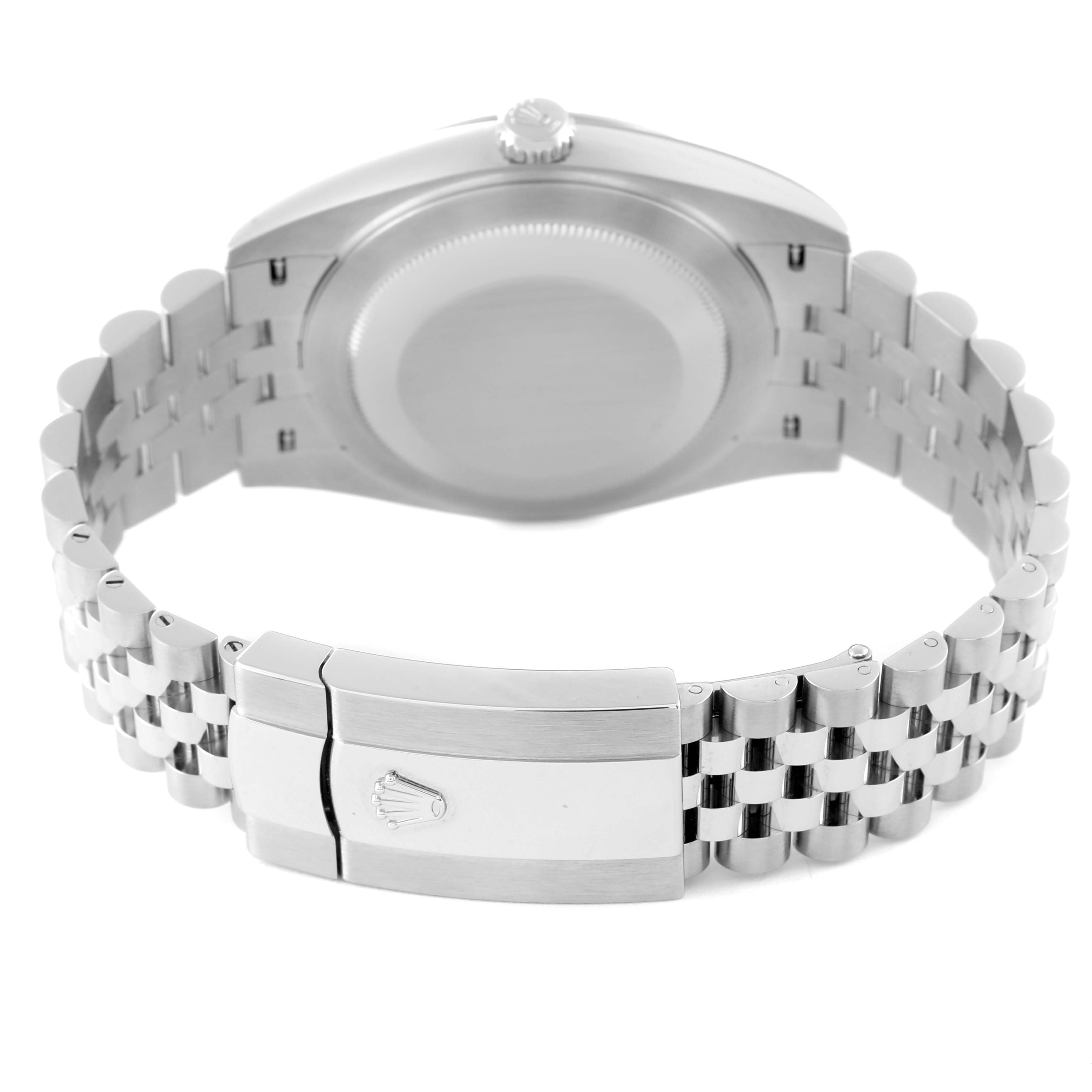 The image shows the back and clasp of a Rolex Datejust 41 126300 Men's Stainless Steel Blue Dial 126300 Men's Stainless Steel Blue Dial, highlighting its bracelet and case back.