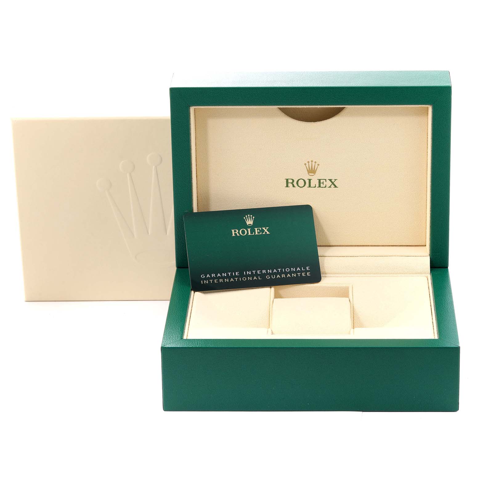 The image shows the open box and guarantee card for a Rolex Datejust 41 126300 Men
s Stainless Steel Blue Dial 126300 Men
s Stainless Steel Blue Dial watch.