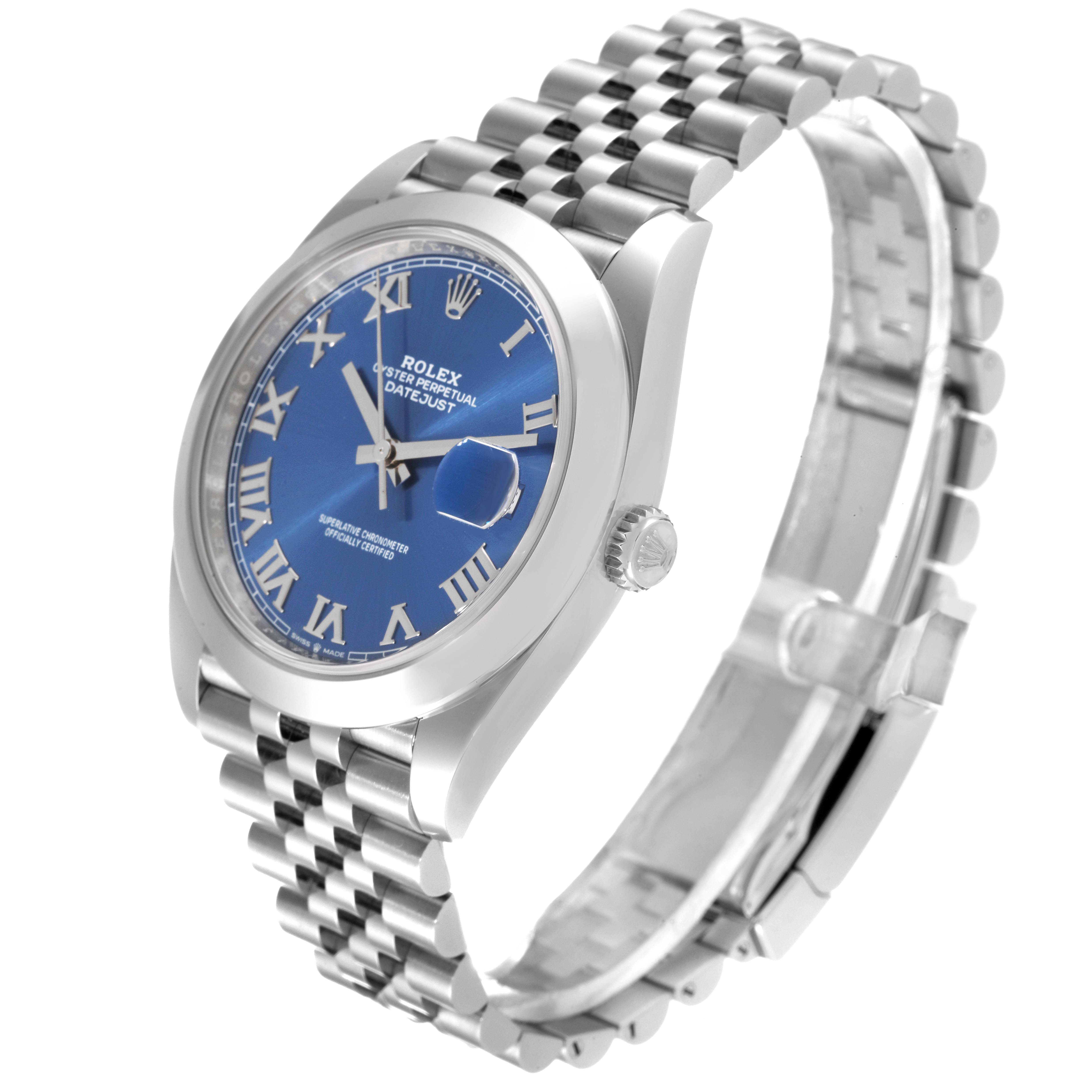 This image shows a Rolex Datejust 41 126300 Men
s Stainless Steel Blue Dial 126300 Men
s Stainless Steel Blue Dial watch from a front-side angle, highlighting its blue dial and Jubilee bracelet.