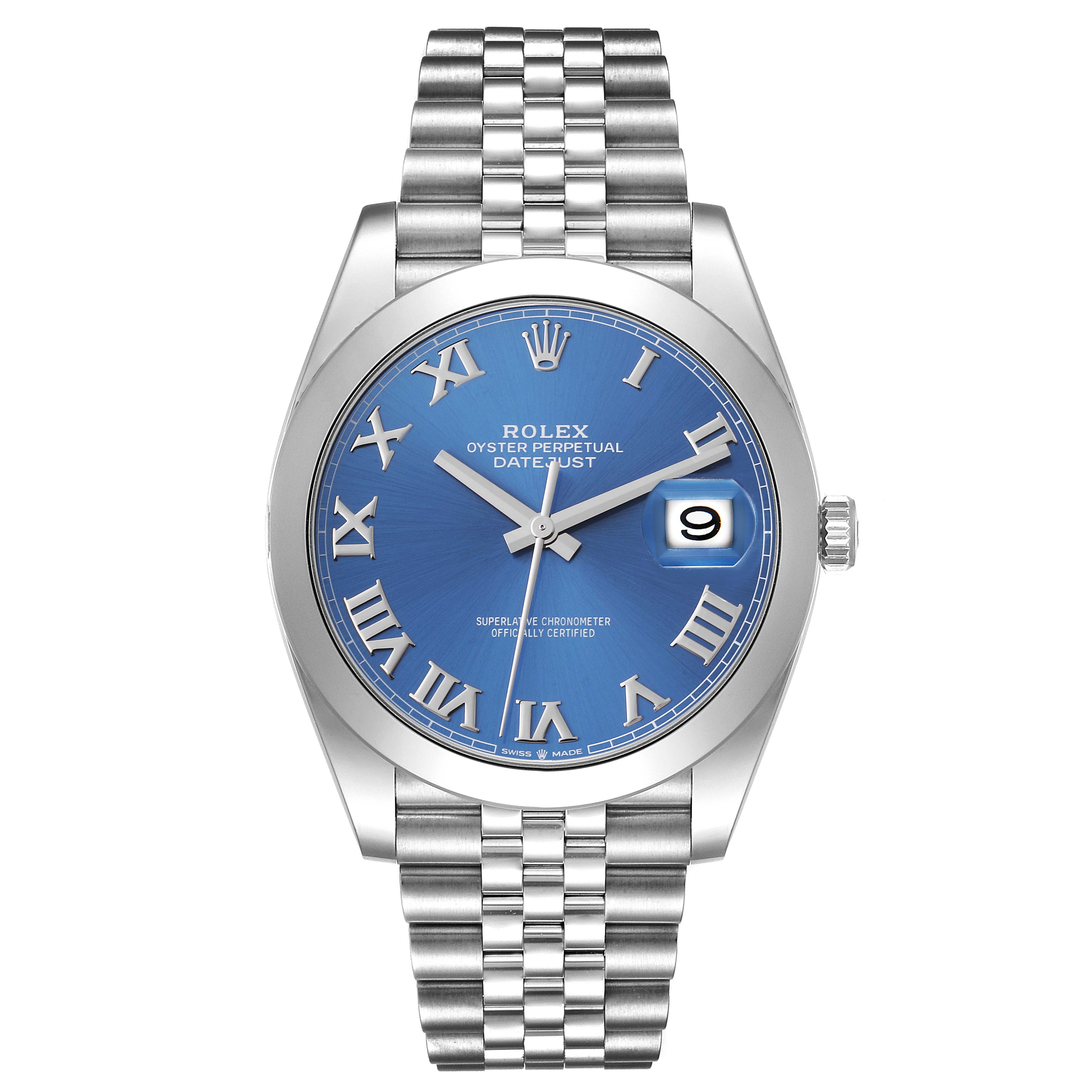 This image shows a front view of a Rolex Datejust 41 126300 Men
s Stainless Steel Blue Dial 126300 Men
s Stainless Steel Blue Dial watch with a blue dial and Roman numerals.
