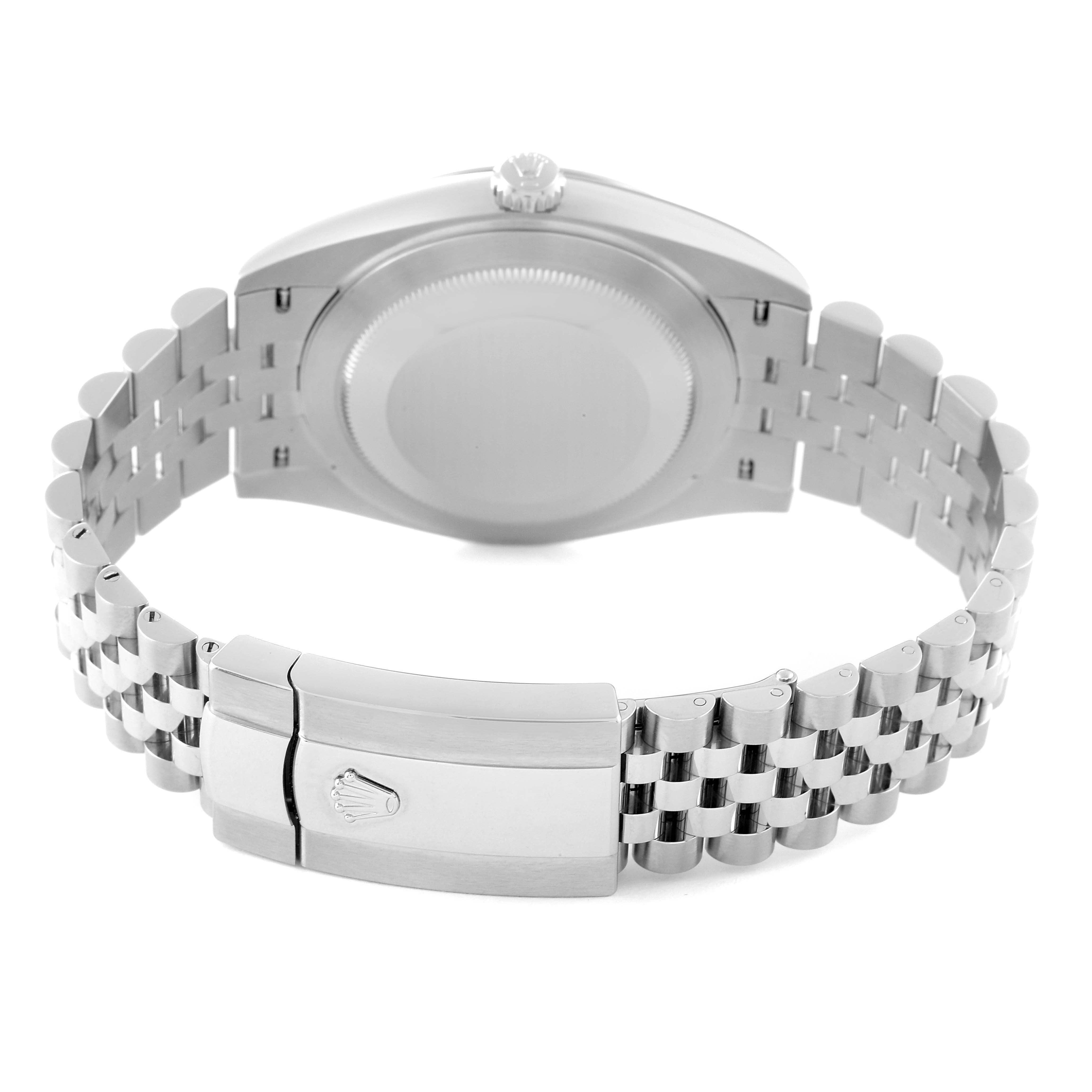 This is the backside view of a Datejust 41 Rolex watch, showing the case back and the bracelet clasp.