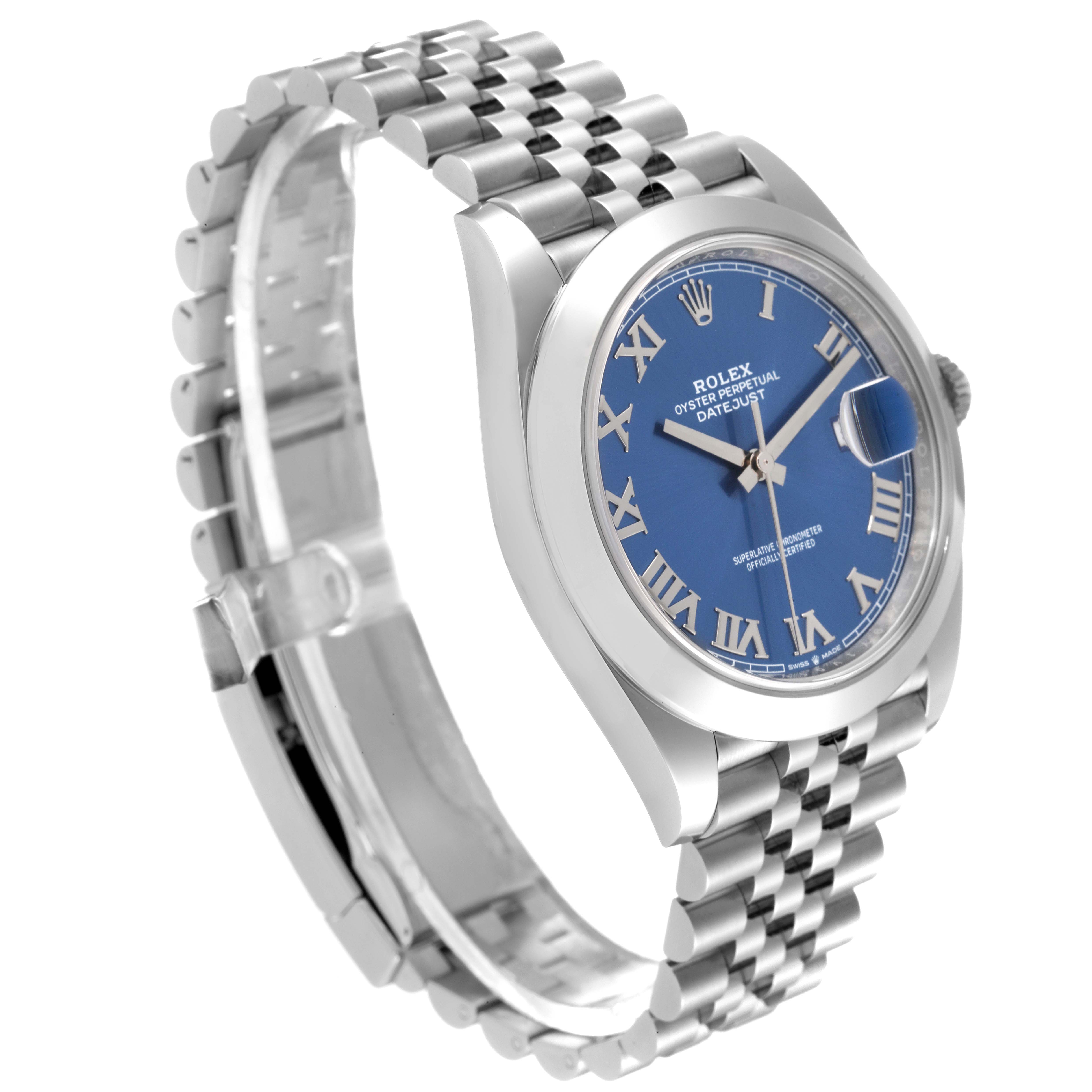 The image shows a Rolex Datejust 41 126300 Men
s Stainless Steel Blue Dial 126300 Men
s Stainless Steel Blue Dial watch at an angled view, featuring the blue dial, case, and partially extended bracelet.