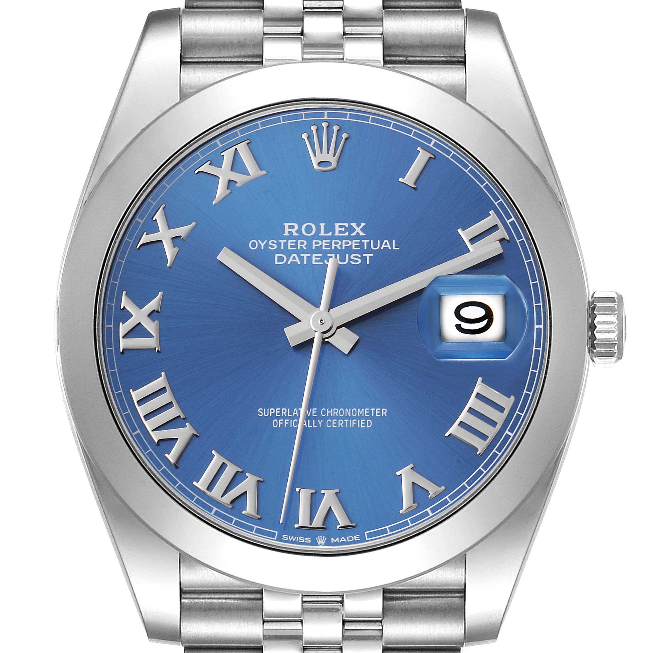 This image shows the front view of a Rolex Datejust 41 126300 Men
s Stainless Steel Blue Dial 126300 Men
s Stainless Steel Blue Dial watch, highlighting its blue dial, Roman numerals, date window, and stainless steel bracelet.