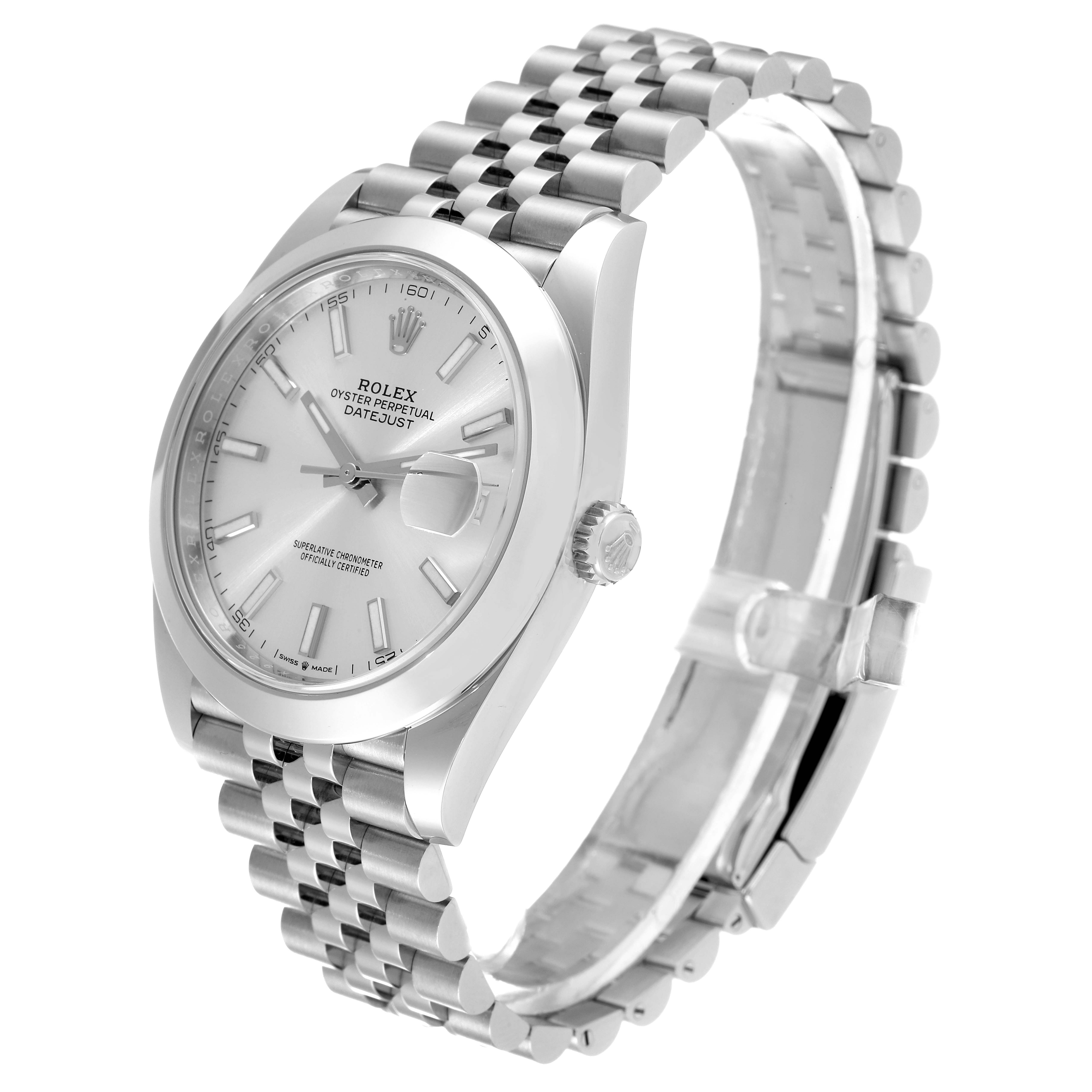 This image shows the Rolex Datejust 41 126300 Men's Stainless Steel Silver Dial 126300 Men's Stainless Steel Silver Dial model at a three-quarter angle, highlighting the dial, bezel, crown, and bracelet.