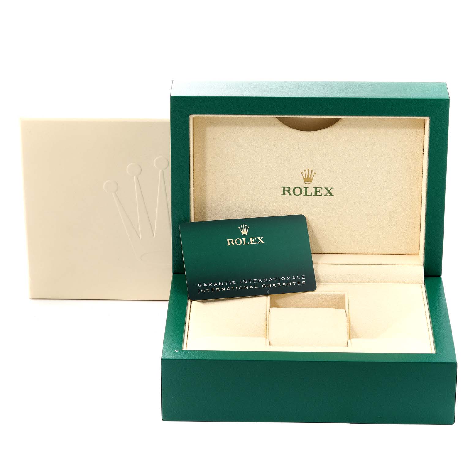 This image shows the open presentation box and international guarantee card for a Rolex Datejust 41 126300 Men's Stainless Steel Silver Dial 126300 Men's Stainless Steel Silver Dial watch.