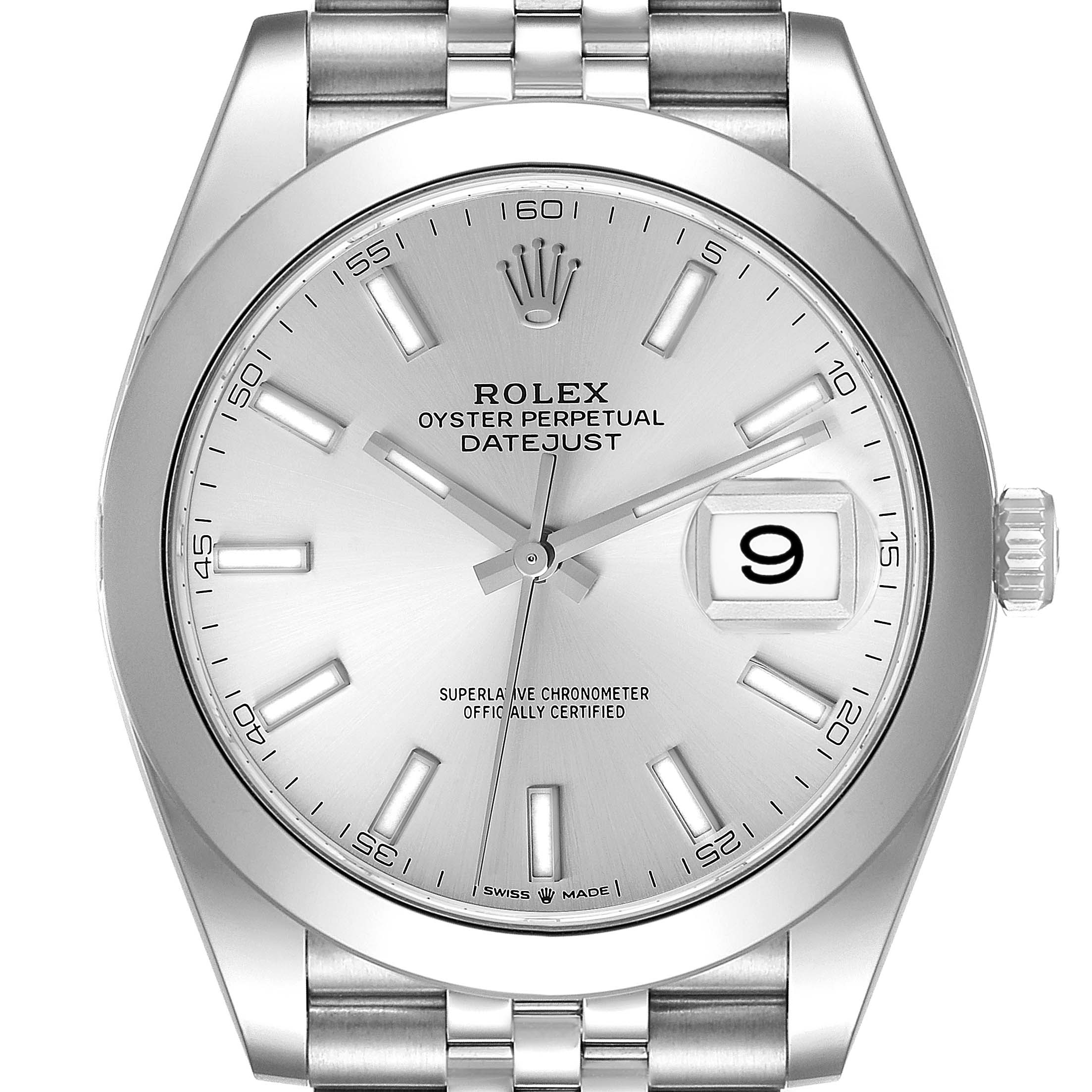 The Rolex Datejust 41 126300 Men's Stainless Steel Silver Dial 126300 Men's Stainless Steel Silver Dial watch is shown from a front angle, showcasing its dial, crown, and bracelet.