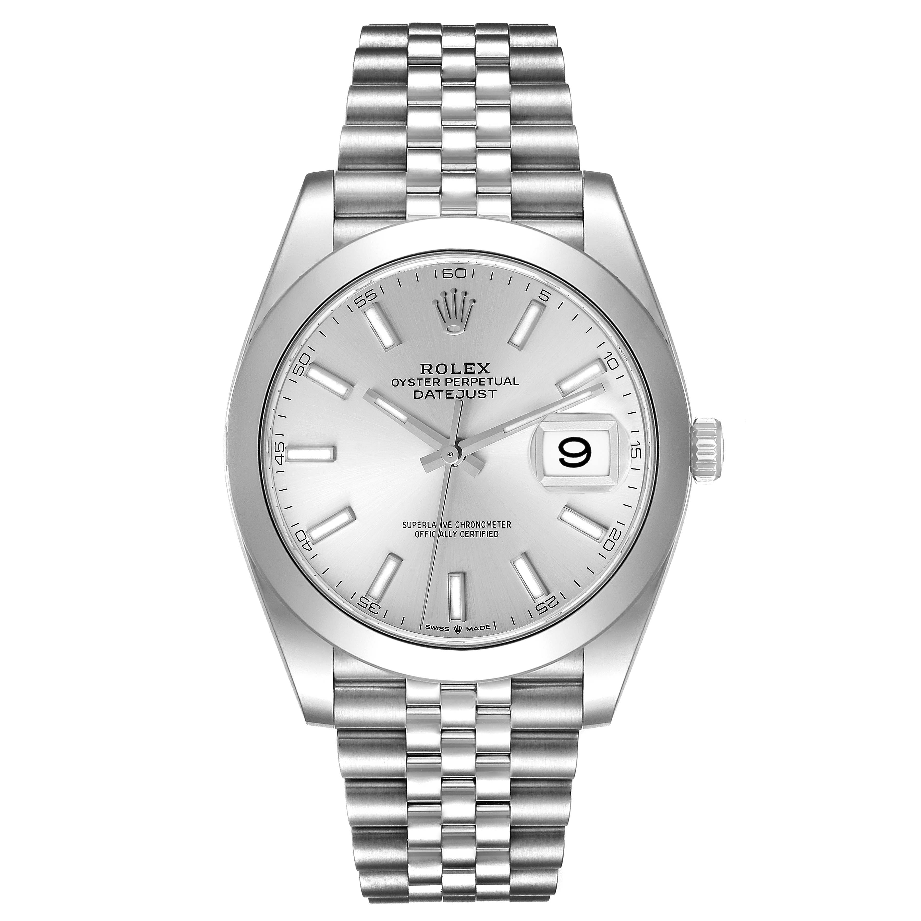 The image shows a front view of the Rolex Datejust 41 126300 Men's Stainless Steel Silver Dial 126300 Men's Stainless Steel Silver Dial, displaying the face, bezel, and stainless steel bracelet.