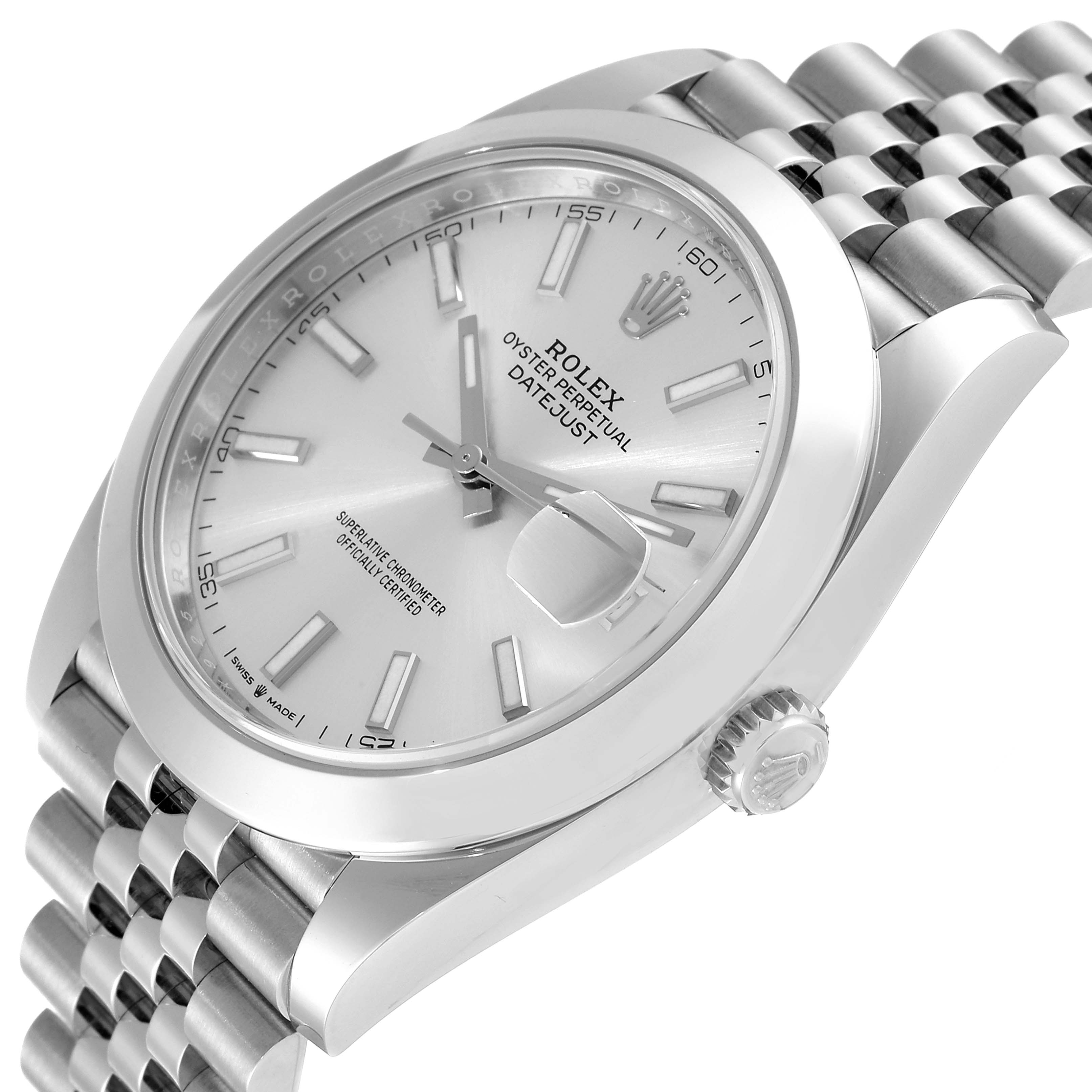 This image shows a Rolex Datejust 41 126300 Men's Stainless Steel Silver Dial 126300 Men's Stainless Steel Silver Dial model watch from a tilted angle focusing on the dial, bezel, crown, and part of the bracelet.
