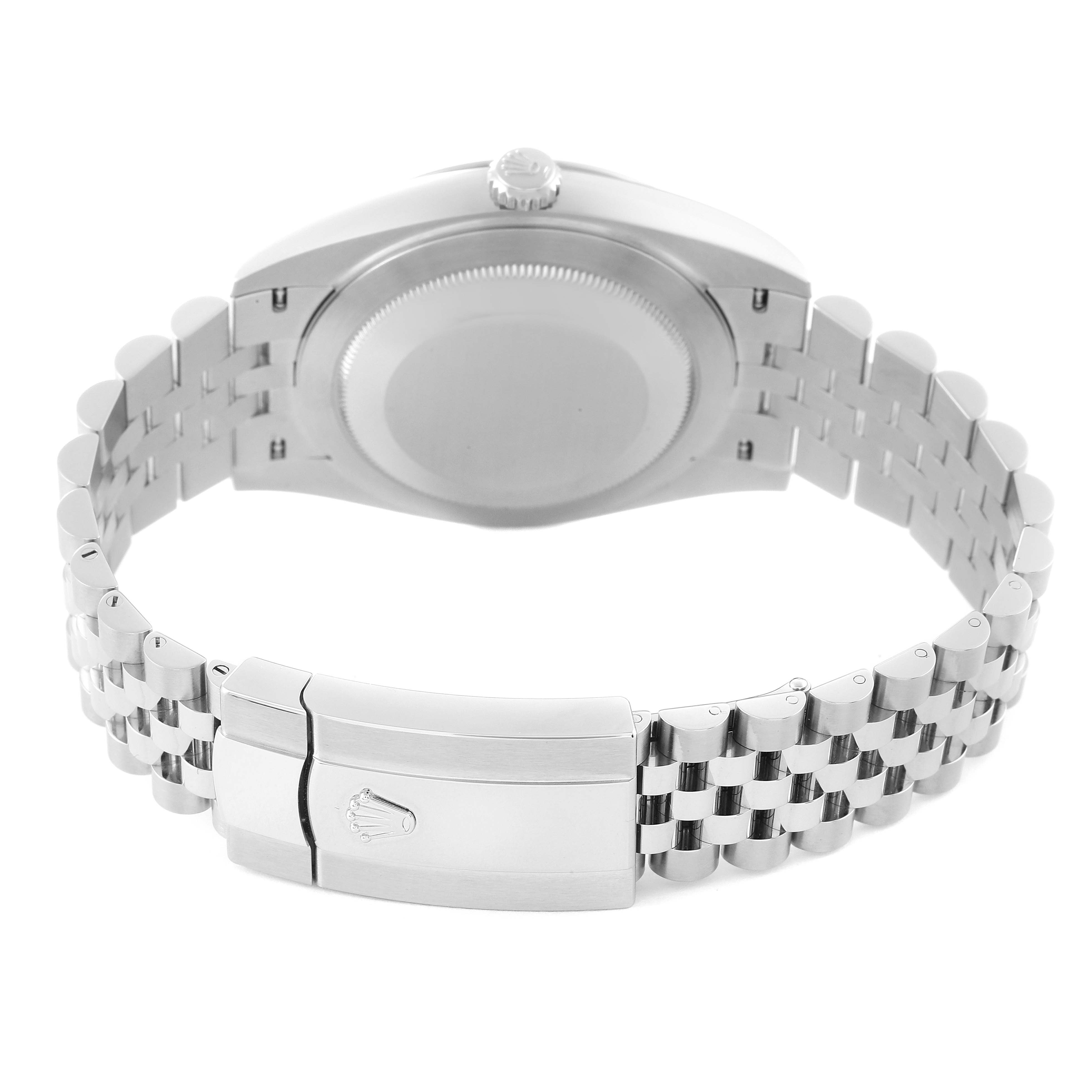 The image shows the back view of a Rolex Datejust 41 126300 Men's Stainless Steel Silver Dial 126300 Men's Stainless Steel Silver Dial model, highlighting the clasp, bracelet, and case back.