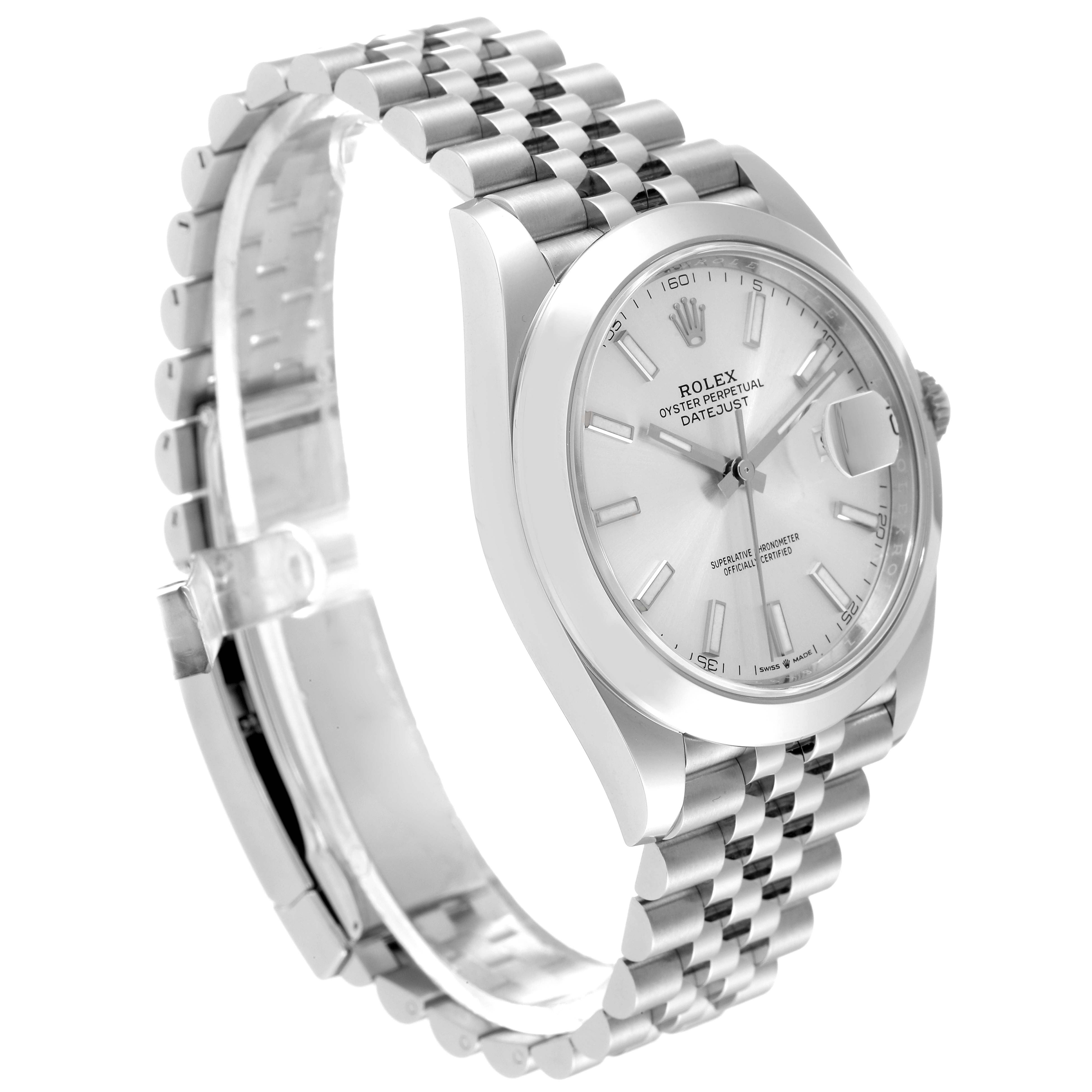 The image shows a Rolex Datejust 41 126300 Men's Stainless Steel Silver Dial 126300 Men's Stainless Steel Silver Dial watch from a three-quarter angle, highlighting its face, casing, and bracelet.