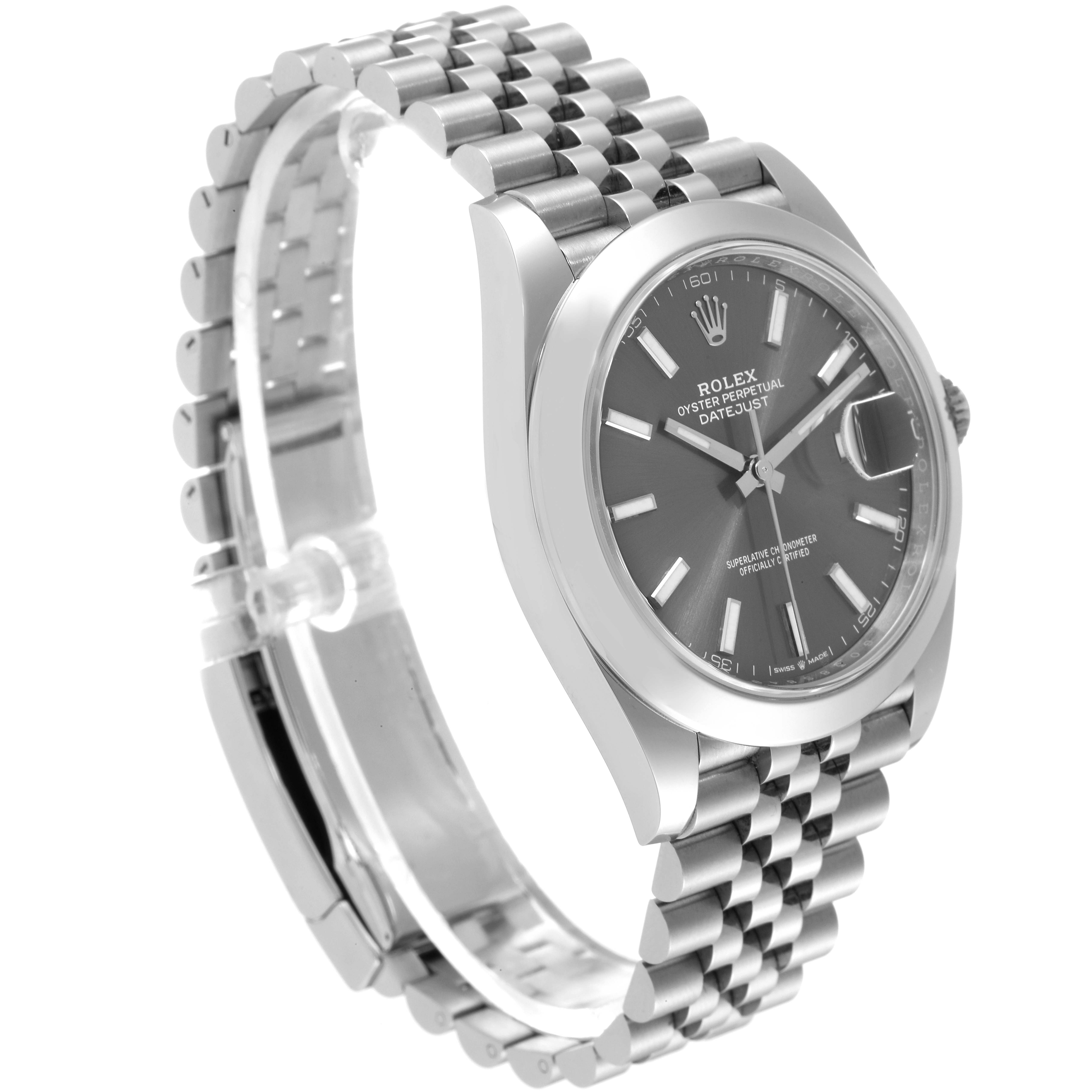 This image shows a side angle view of the Rolex Datejust 41 126300 Men
s Stainless Steel Grey Dial 126300 Men
s Stainless Steel Grey Dial model, highlighting its bezel, dial, and bracelet.