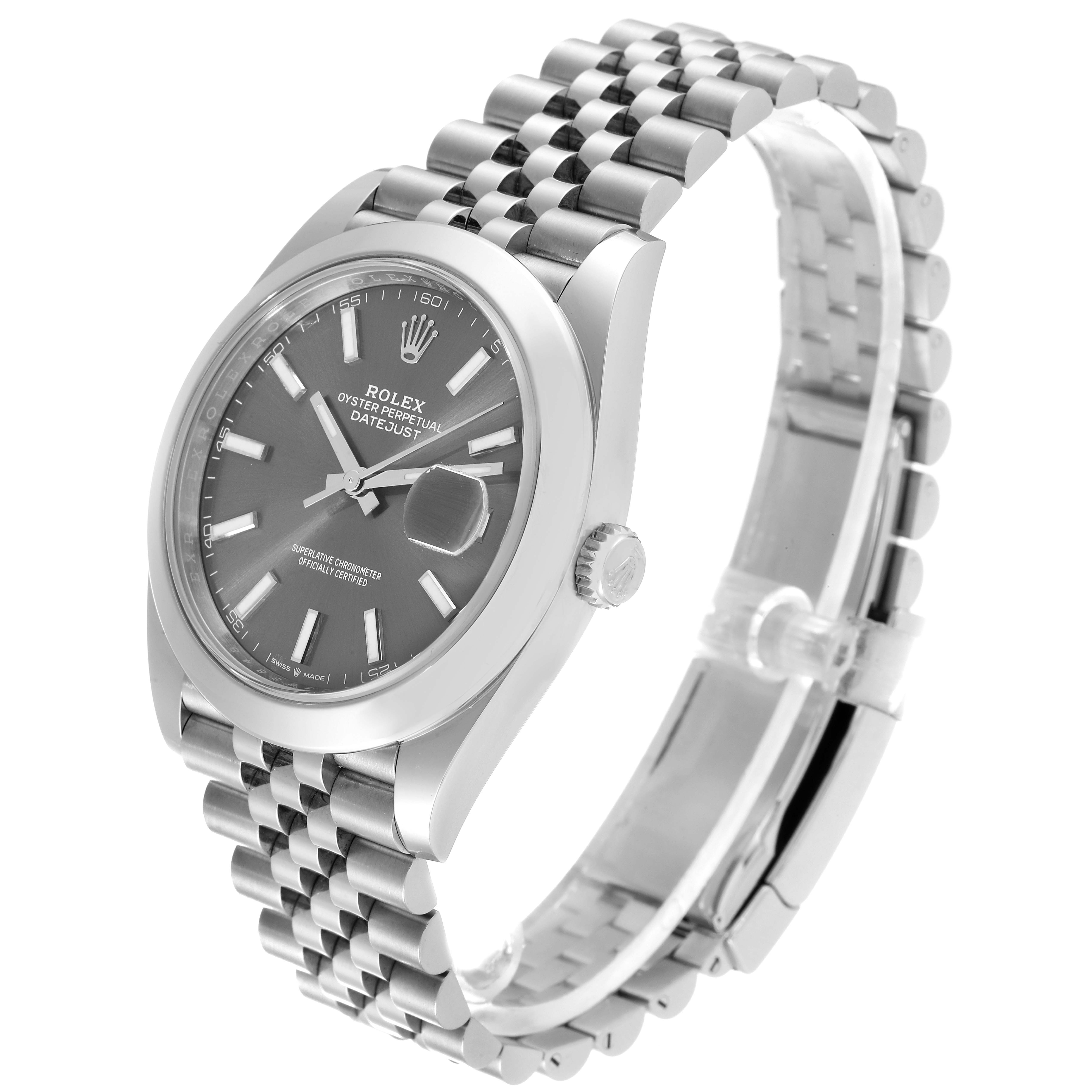 The Rolex Datejust 41 126300 Men
s Stainless Steel Grey Dial 126300 Men
s Stainless Steel Grey Dial watch is shown at a three-quarter angle, displaying the face, bezel, crown, and part of the bracelet.