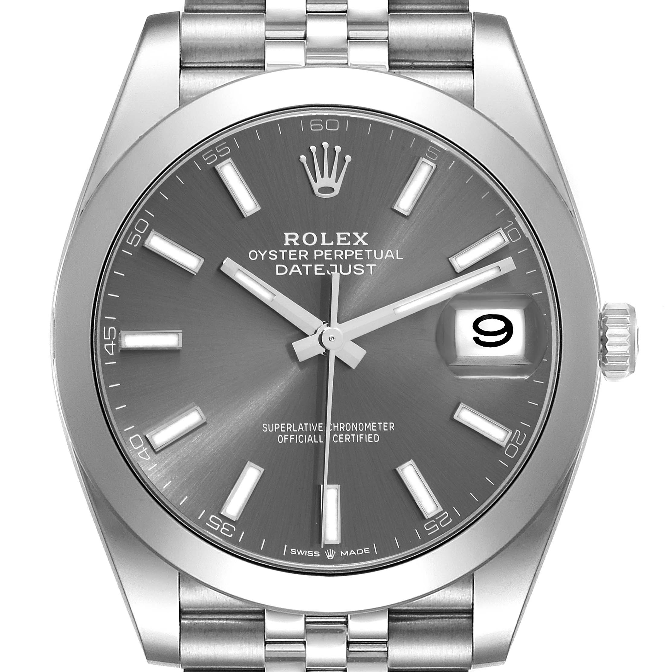 This image shows the dial and bezel of a Rolex Datejust 41 126300 Men
s Stainless Steel Grey Dial 126300 Men
s Stainless Steel Grey Dial watch, capturing the face, hands, and date magnifier.