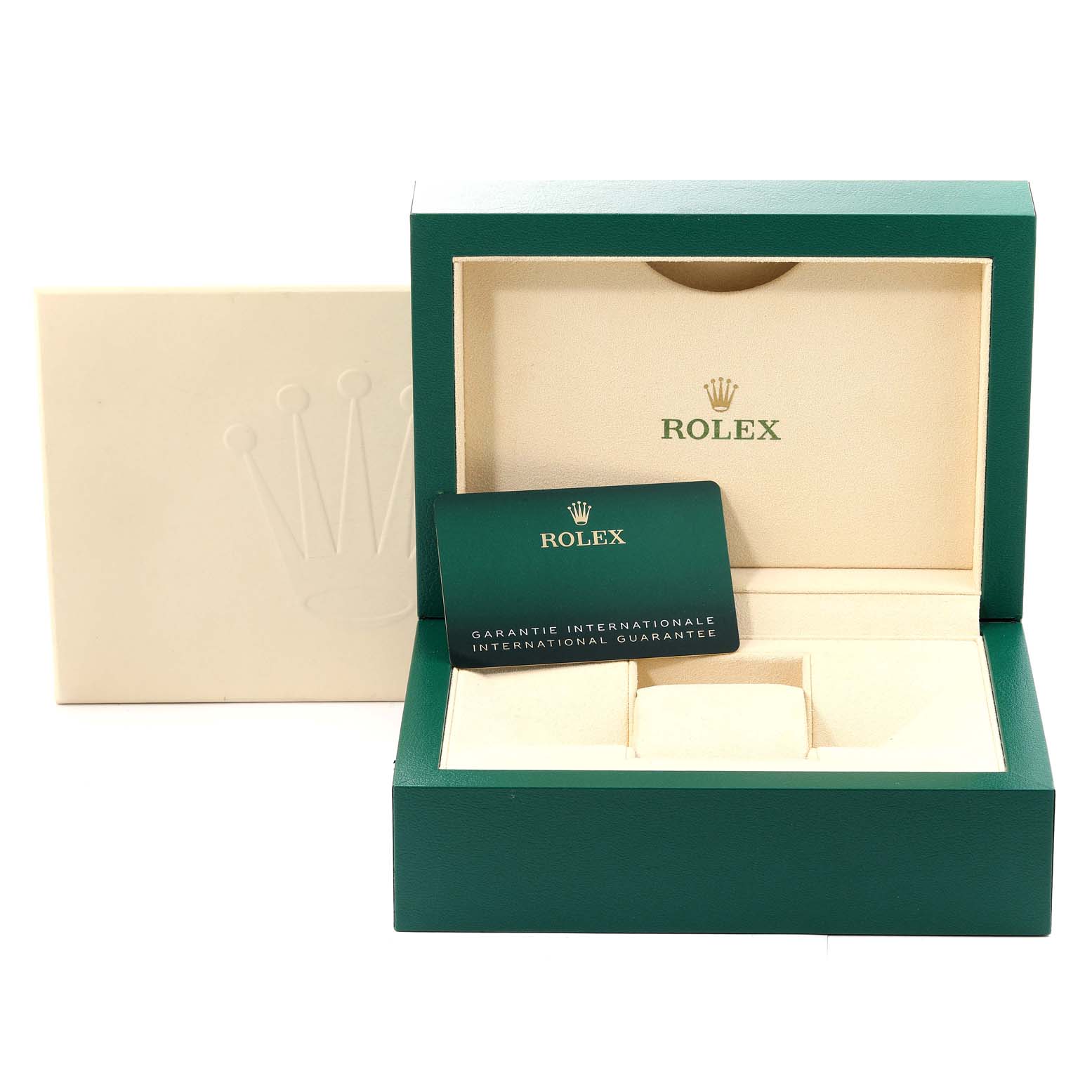 The image shows the packaging and warranty card for a Rolex Datejust 41 126300 Men
s Stainless Steel Grey Dial 126300 Men
s Stainless Steel Grey Dial watch, viewed from the front.