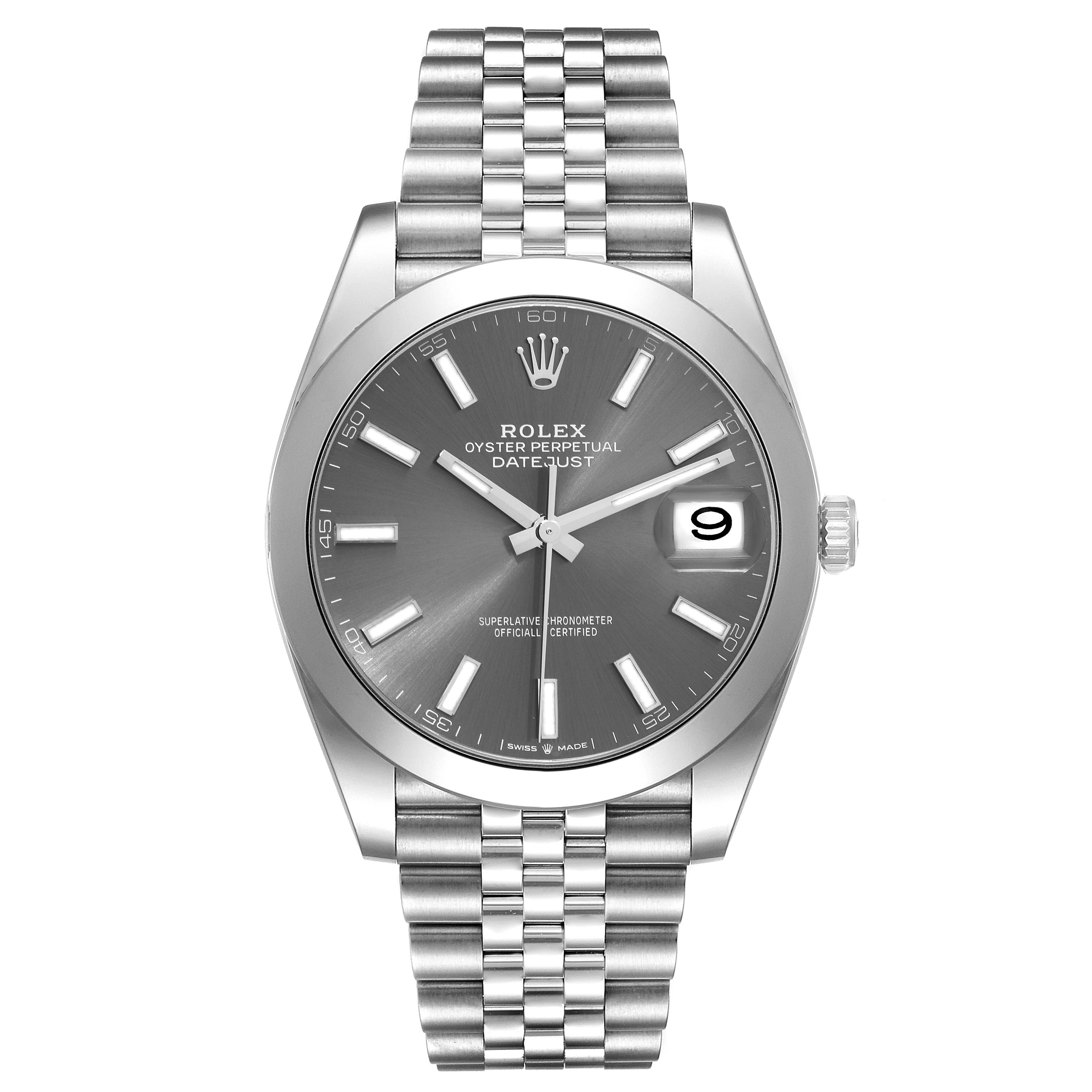 This image shows a front view of the Rolex Datejust 41 126300 Men
s Stainless Steel Grey Dial 126300 Men
s Stainless Steel Grey Dial watch, highlighting the dial, hands, date window, and bracelet.