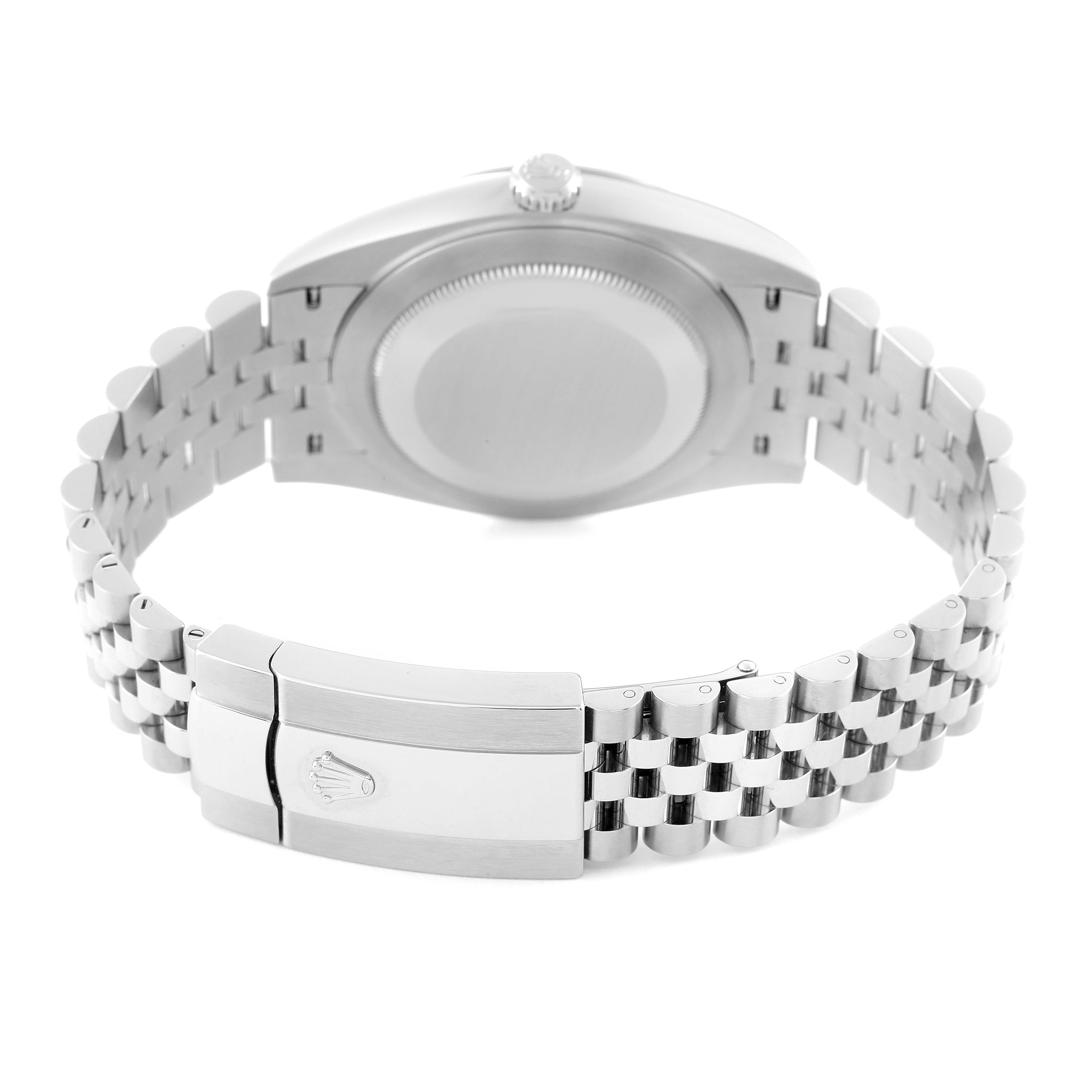 This image shows the Rolex Datejust 41 126300 Men
s Stainless Steel Grey Dial 126300 Men
s Stainless Steel Grey Dial from the back, highlighting its case back and Jubilee bracelet with clasp.