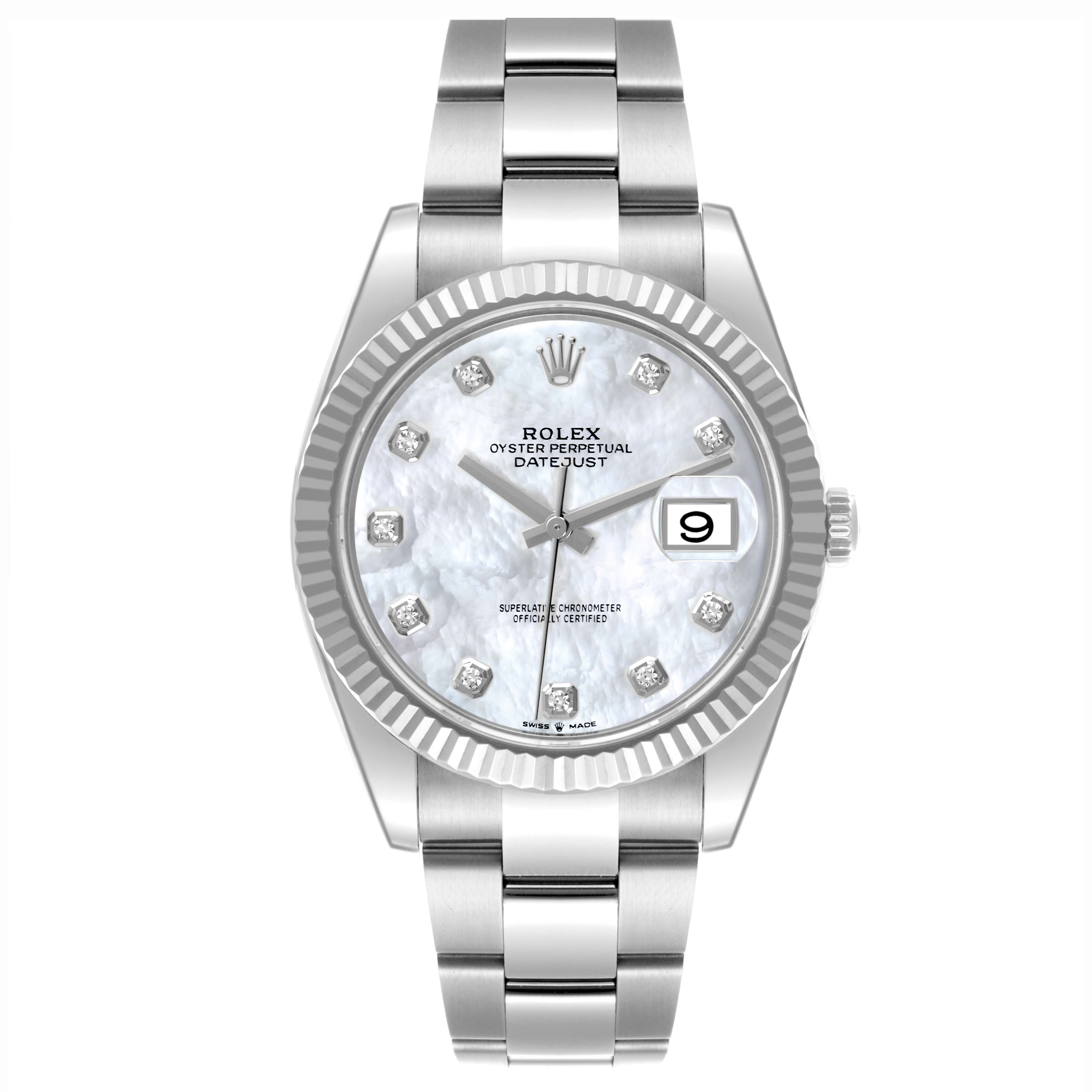 The Rolex Datejust 41 126334NG Men's Stainless Steel Mother of Pearl Dial 126334NG Men's Stainless Steel Mother of Pearl Dial is shown from the front, highlighting the dial, bezel, bracelet, and date window.