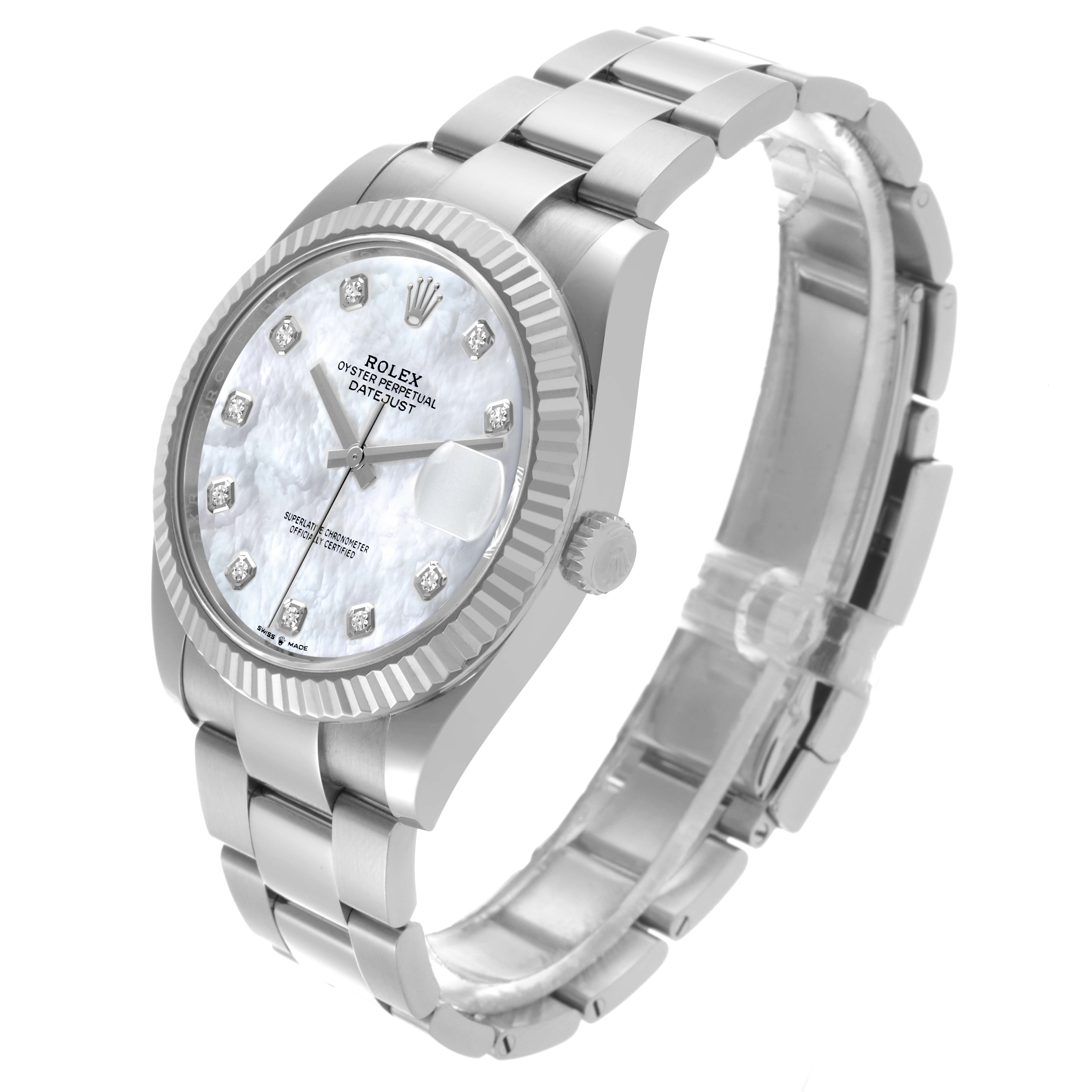 The Rolex Datejust 41 126334NG Men's Stainless Steel Mother of Pearl Dial 126334NG Men's Stainless Steel Mother of Pearl Dial is shown from a three-quarter angle, highlighting the dial, fluted bezel, case, and bracelet.