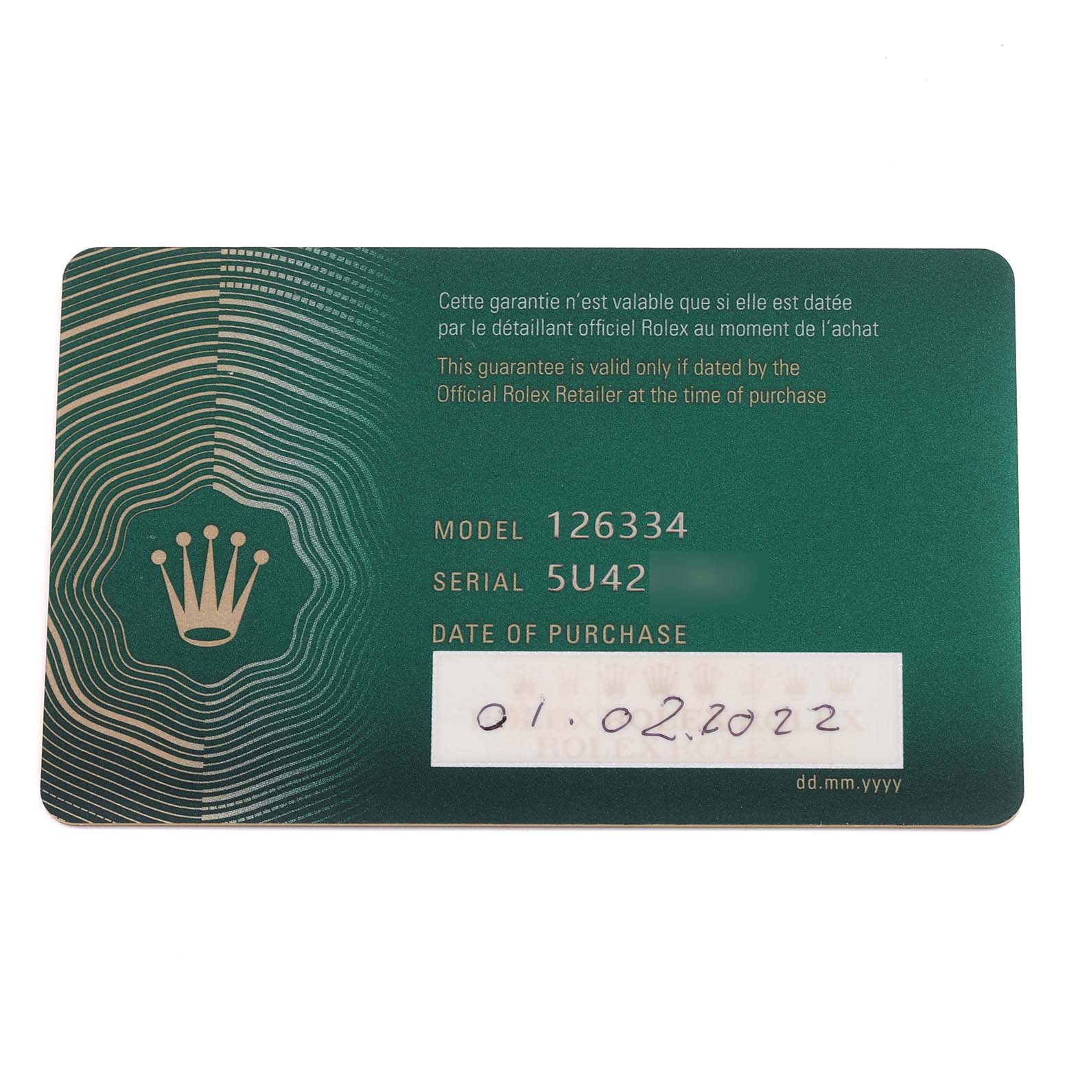 The image shows a green warranty card for the Rolex Datejust 41 126334NG Men's Stainless Steel Mother of Pearl Dial 126334NG Men's Stainless Steel Mother of Pearl Dial model.