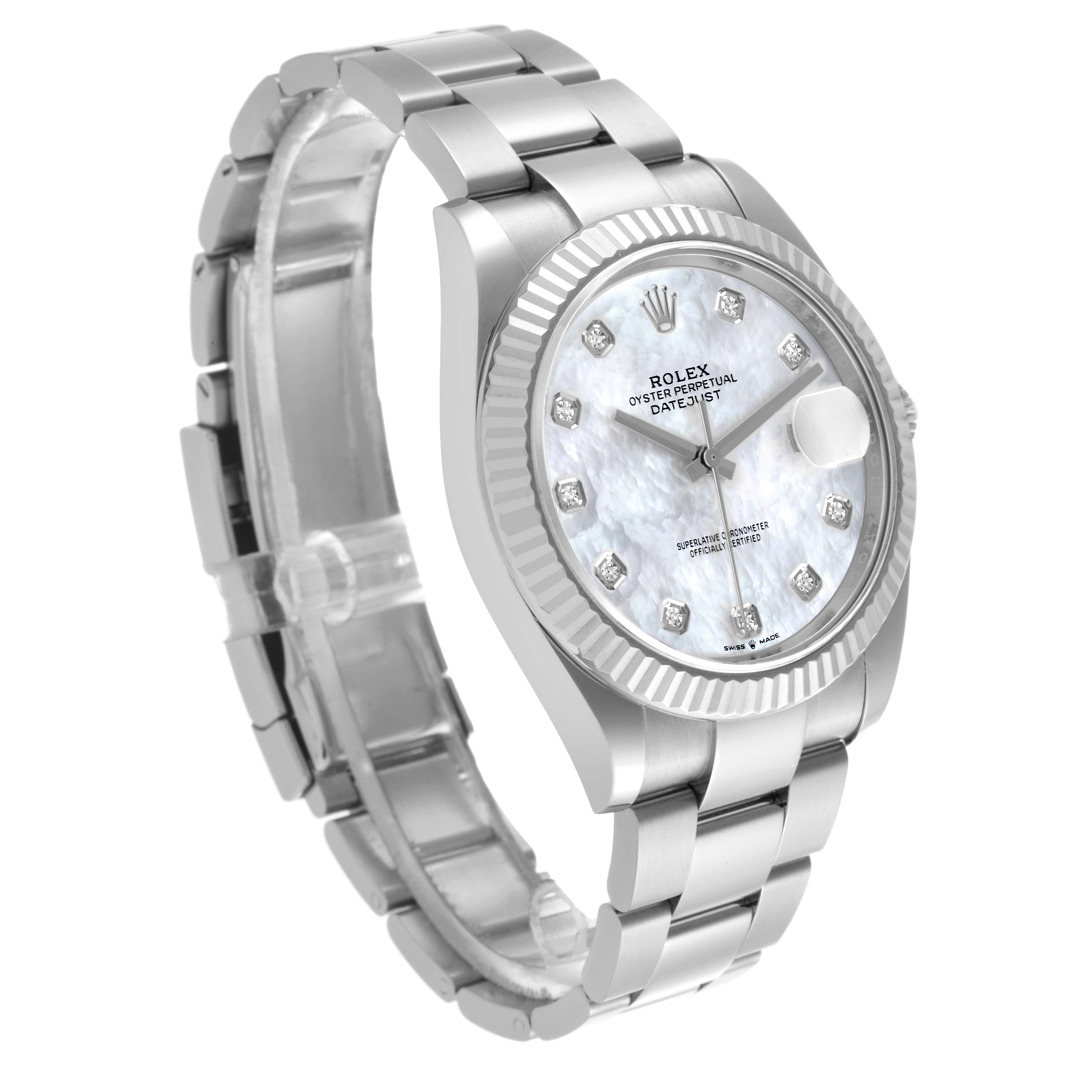 The Rolex Datejust 41 126334NG Men's Stainless Steel Mother of Pearl Dial 126334NG Men's Stainless Steel Mother of Pearl Dial watch is shown at a tilted angle, highlighting the dial, bezel, and bracelet.