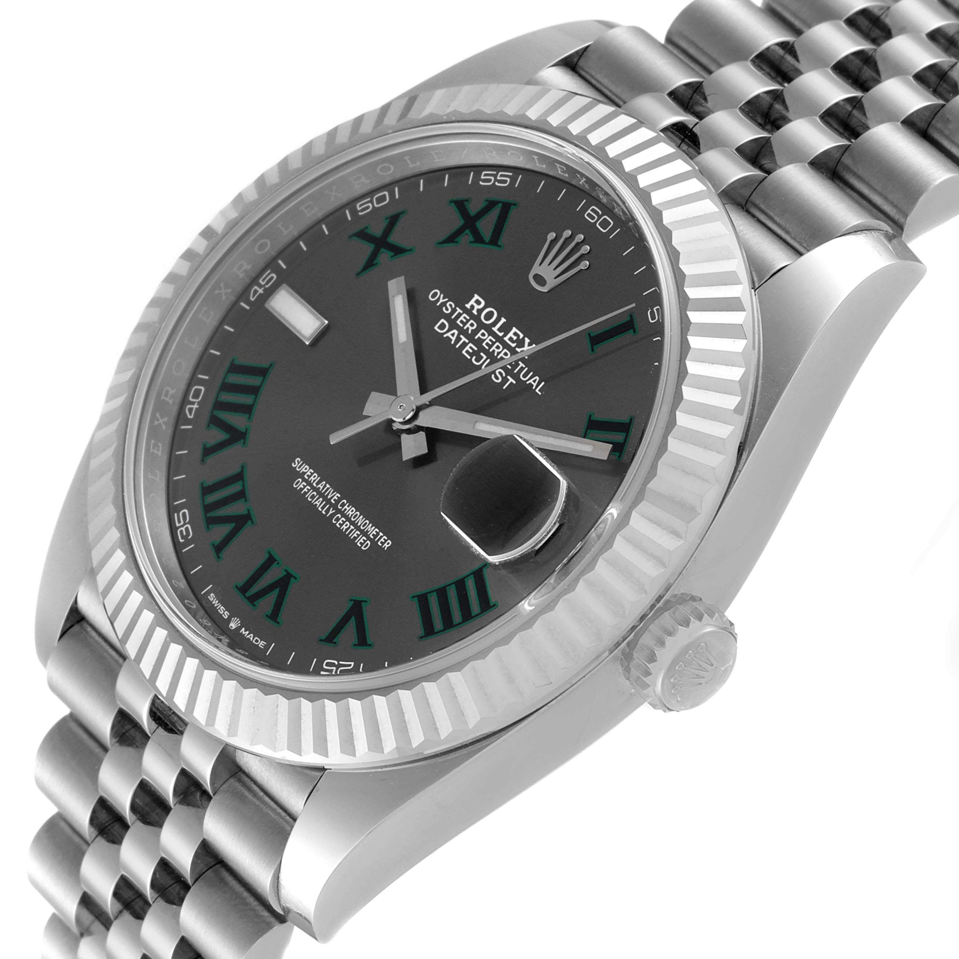 The Rolex Datejust 41 126334 Men
s Stainless Steel Grey Dial 126334 Men
s Stainless Steel Grey Dial watch is shown at a three-quarter angle highlighting the dial, crown, and part of the bracelet.