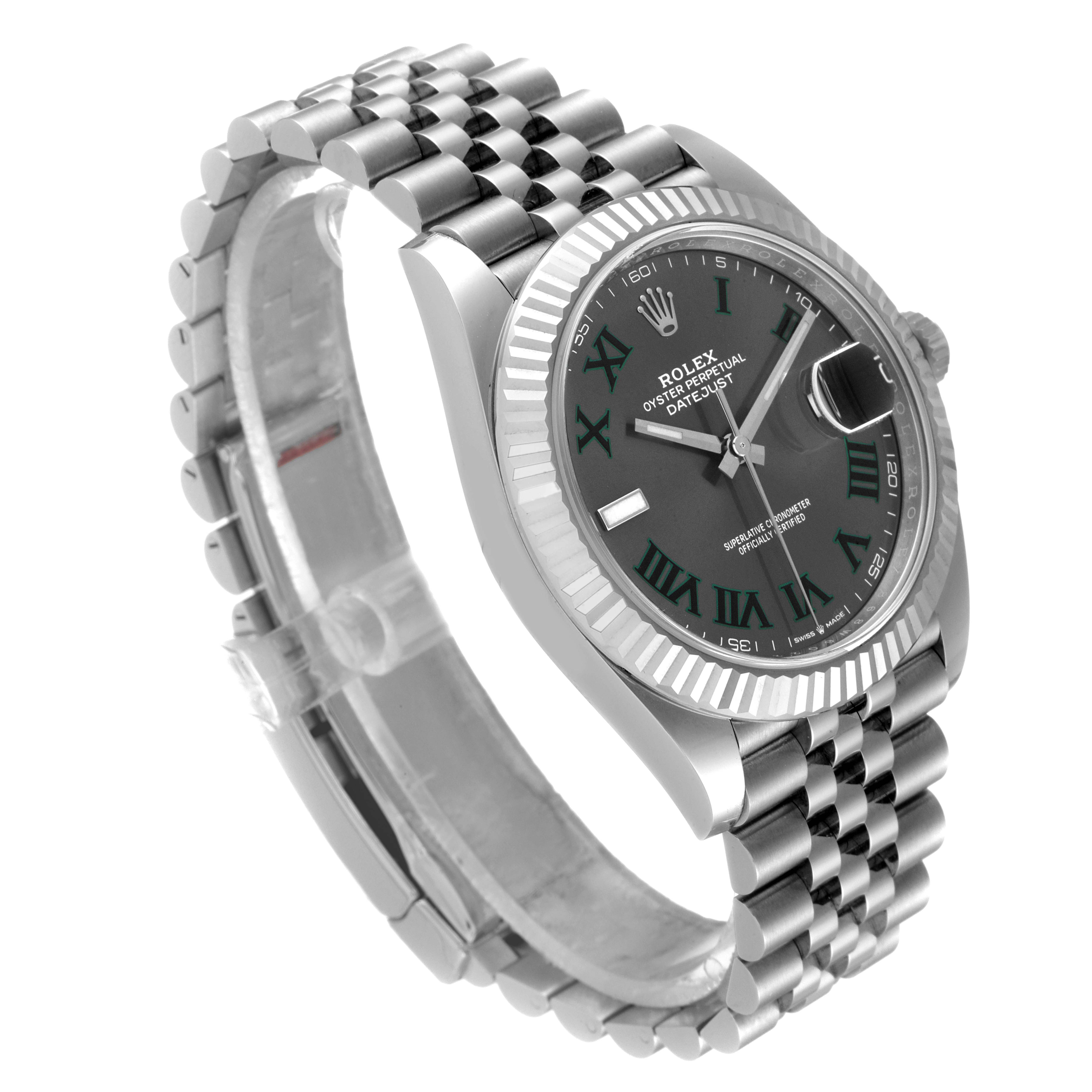 The Rolex Datejust 41 126334 Men
s Stainless Steel Grey Dial 126334 Men
s Stainless Steel Grey Dial watch is shown at an angle highlighting the face, bezel, and bracelet.