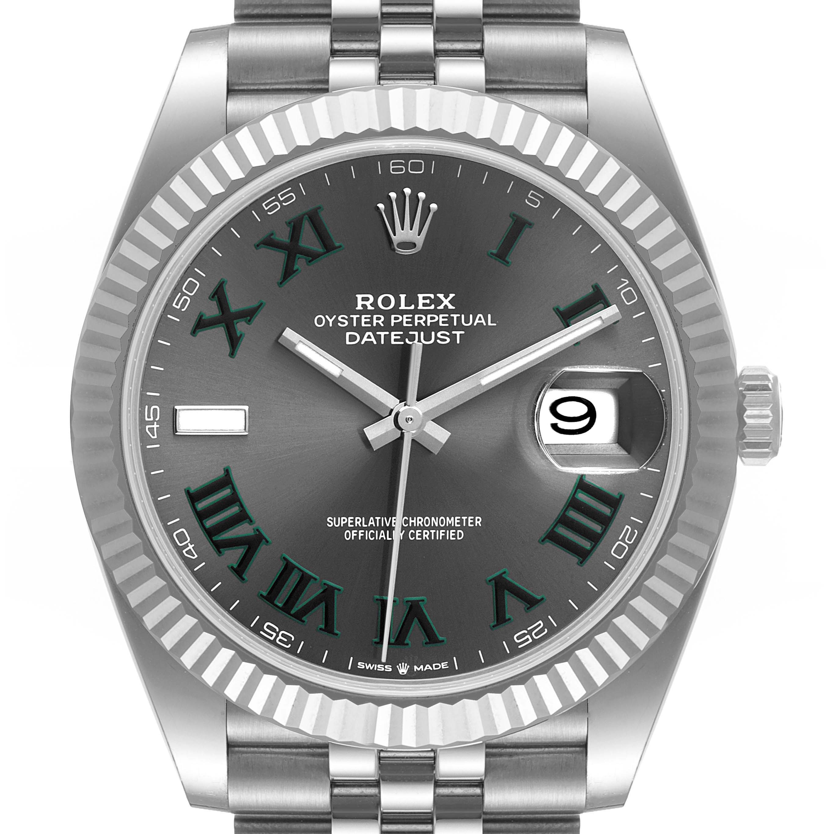 The image shows a frontal view of the Rolex Datejust 41 126334 Men
s Stainless Steel Grey Dial 126334 Men
s Stainless Steel Grey Dial, highlighting its fluted bezel, gray dial with green Roman numerals, and Jubilee bracelet.