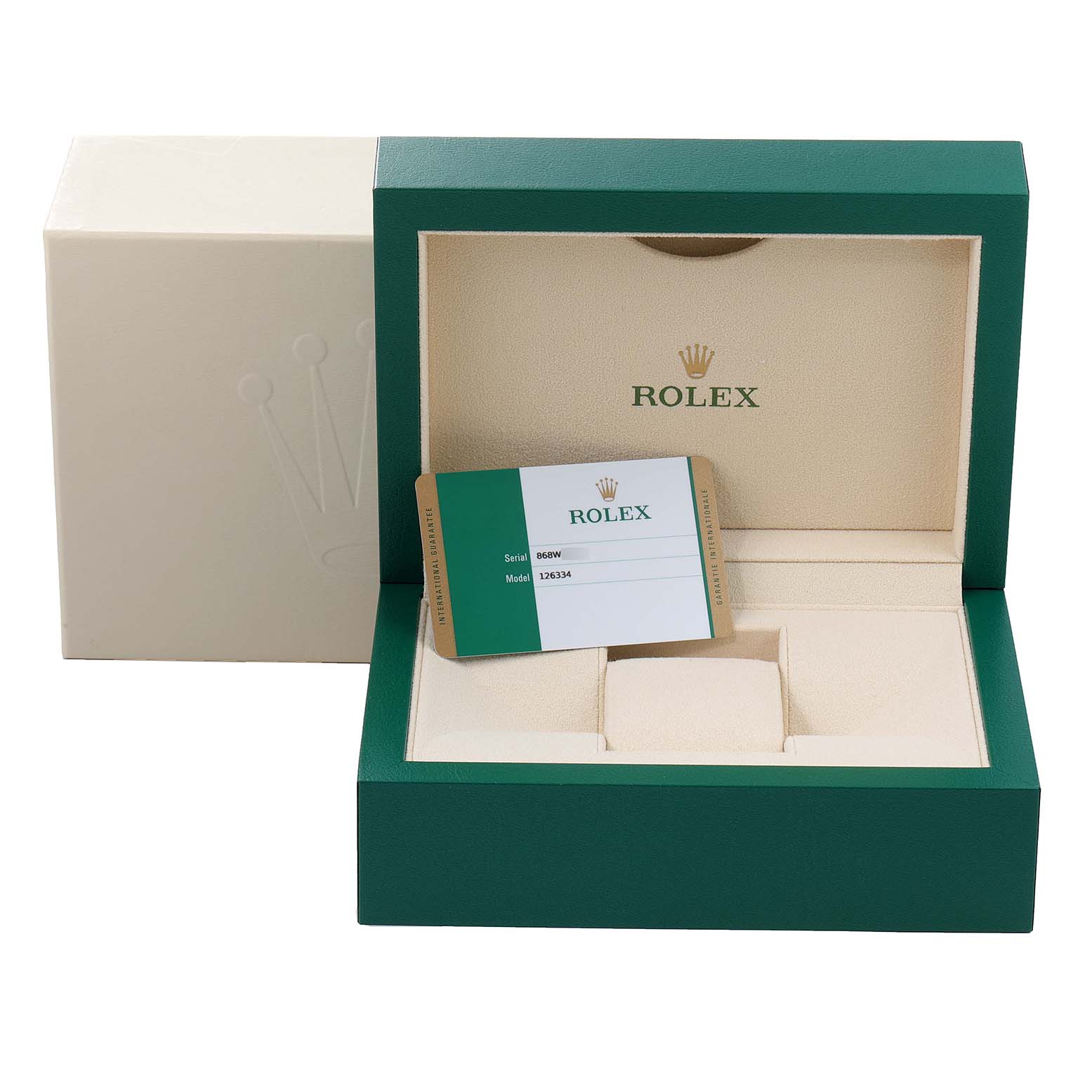 The image shows a Rolex Datejust 41 126334 Men
s Stainless Steel Grey Dial 126334 Men
s Stainless Steel Grey Dial watch box with an open lid, featuring the warranty card and compartments for the watch.