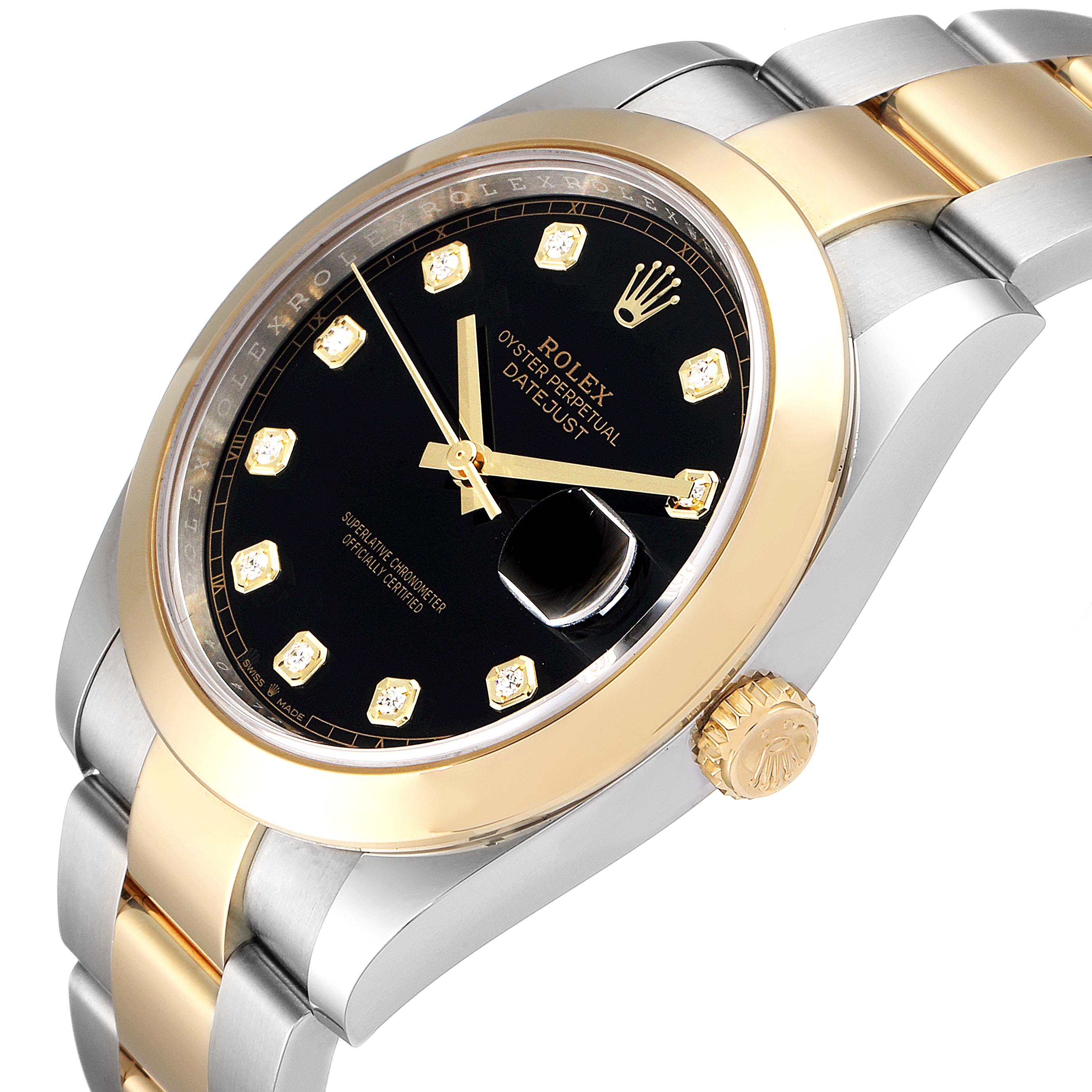 This image shows a close-up, side-angle view of the Rolex Datejust 41 126303 Men's Steel and Gold (two tone) Black Dial 126303 Men's Steel and Gold (two tone) Black Dial, focusing on the bezel, dial, and crown.