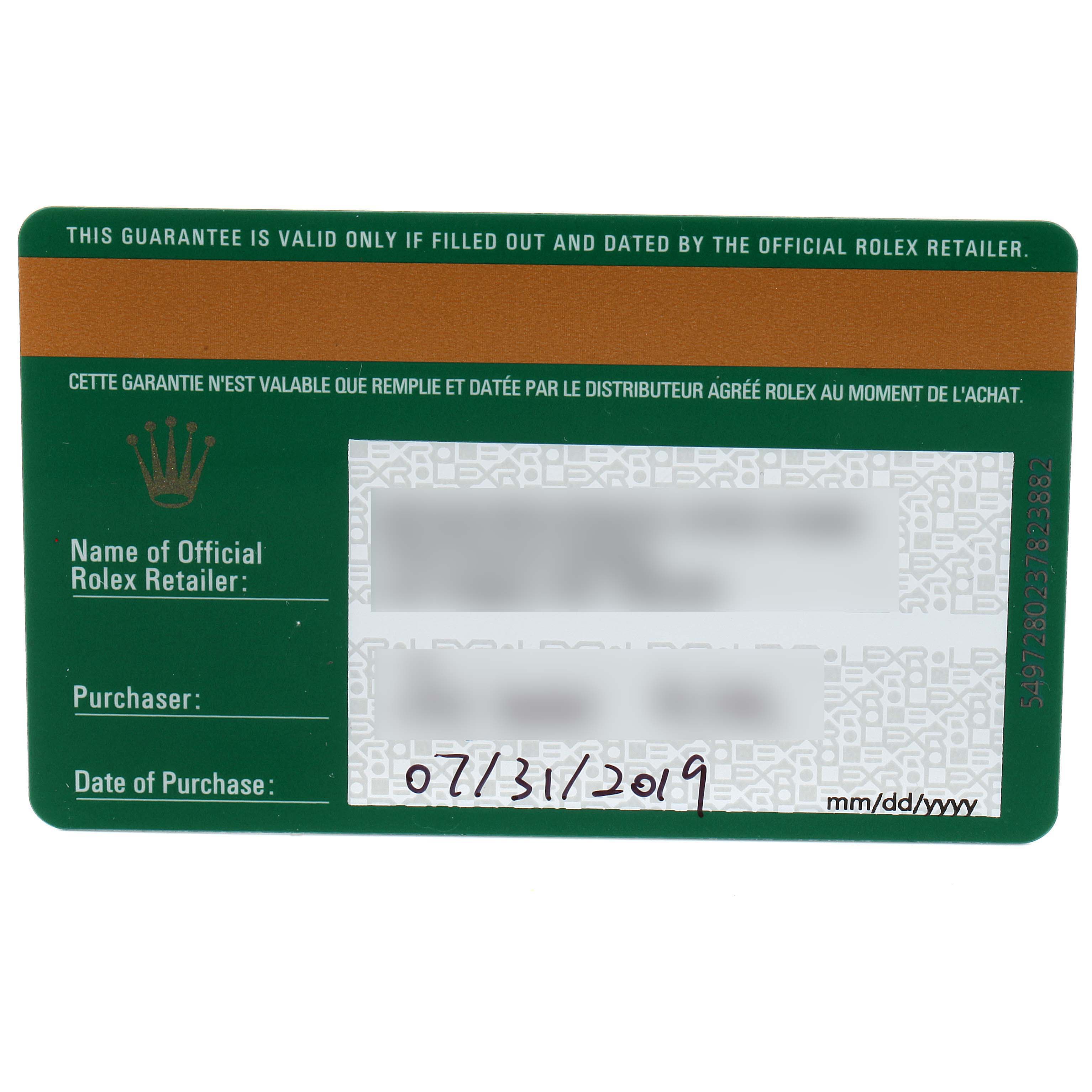 This image shows the guarantee card for a Rolex Datejust 41 126303 Men's Steel and Gold (two tone) Black Dial 126303 Men's Steel and Gold (two tone) Black Dial model, displaying the date of purchase, retailer, and purchaser sections.