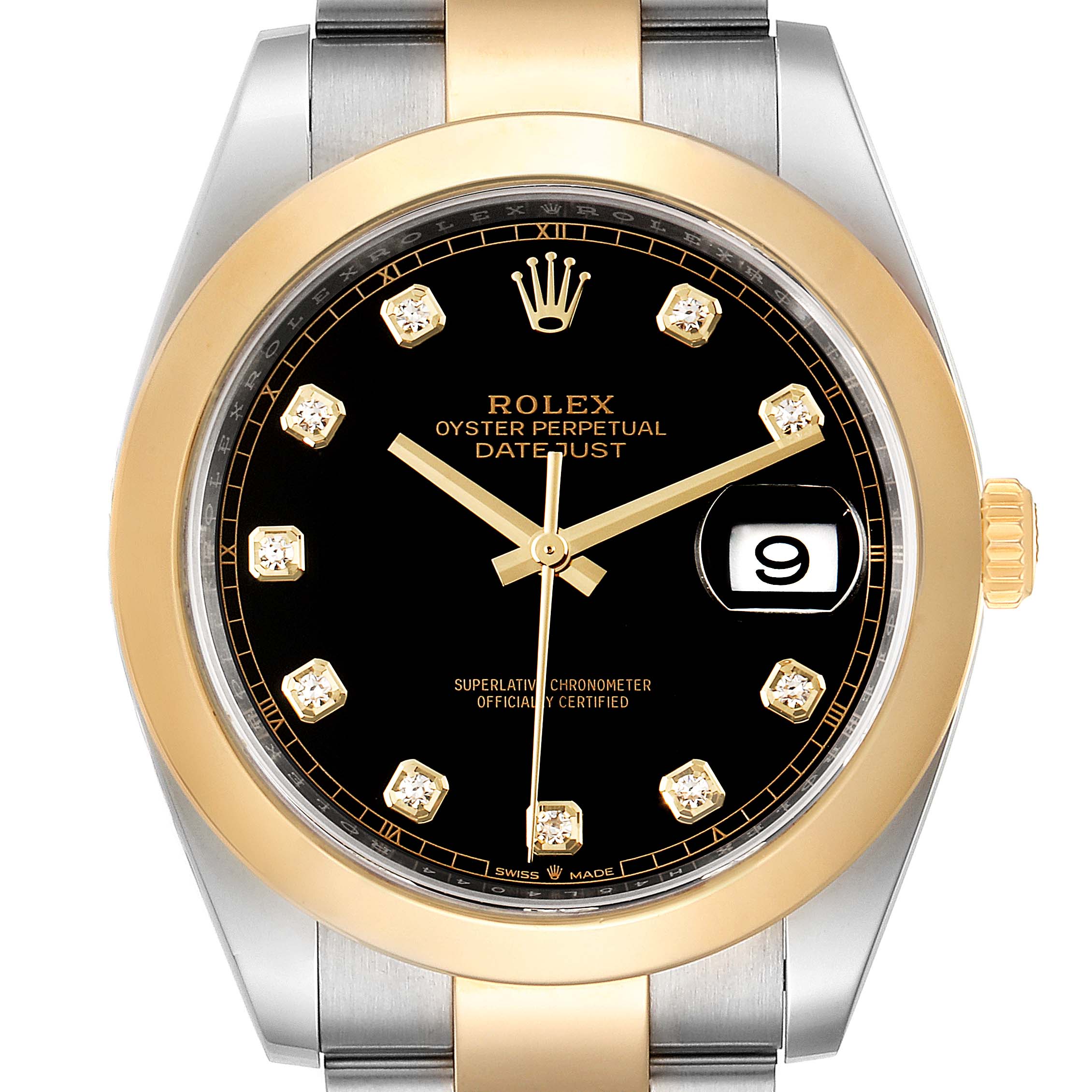 The Rolex Datejust 41 126303 Men's Steel and Gold (two tone) Black Dial 126303 Men's Steel and Gold (two tone) Black Dial watch is shown from the front with a black dial, gold bezel, and diamond hour markers.