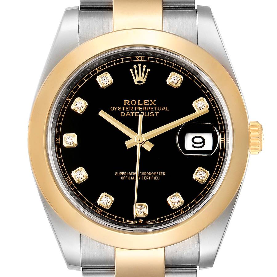 The Rolex Datejust 41 watch is shown from the front with a black dial, gold bezel, and diamond hour markers.