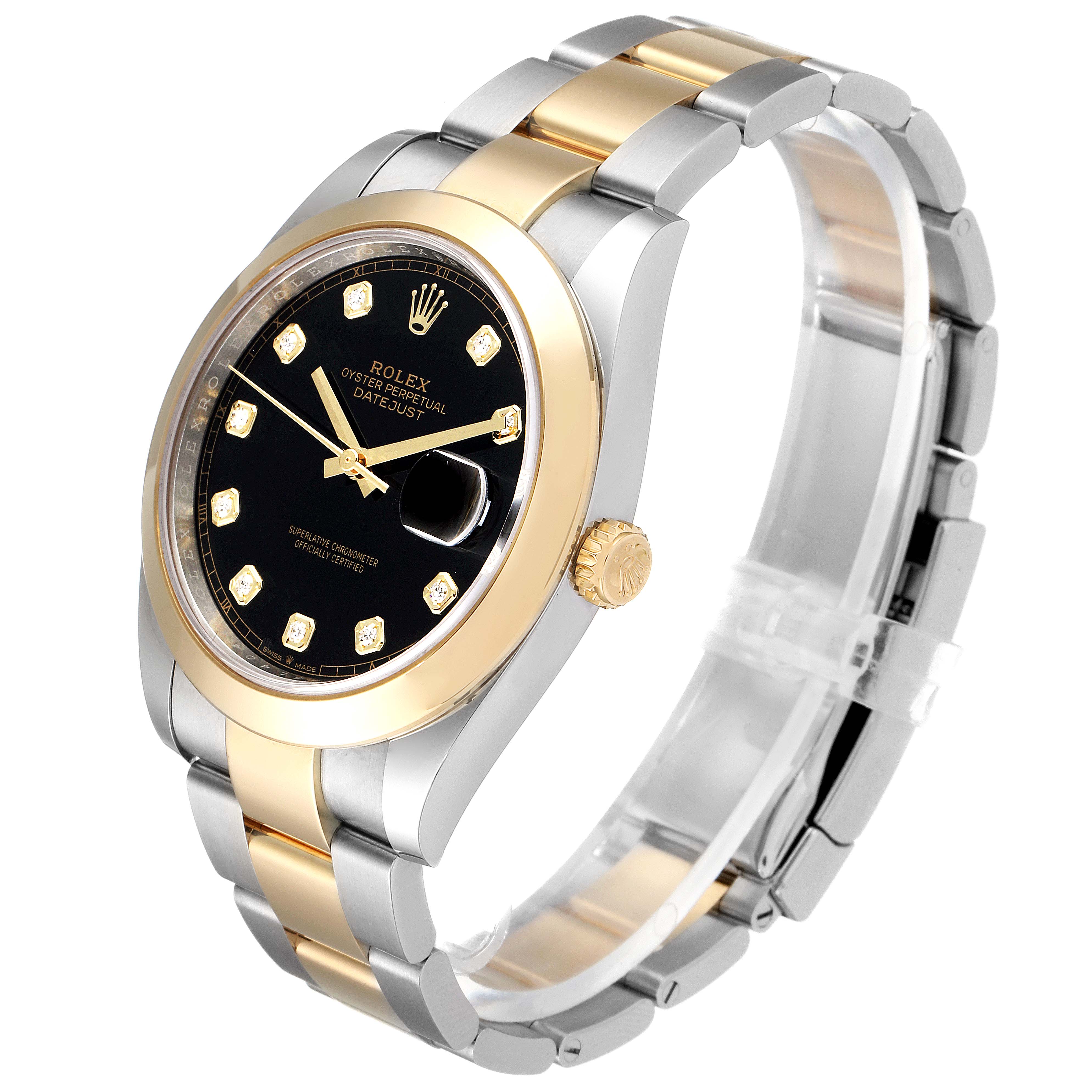 The Rolex Datejust 41 126303 Men's Steel and Gold (two tone) Black Dial 126303 Men's Steel and Gold (two tone) Black Dial model is shown from a three-quarter view, displaying its black dial, gold bezel, and two-tone bracelet.