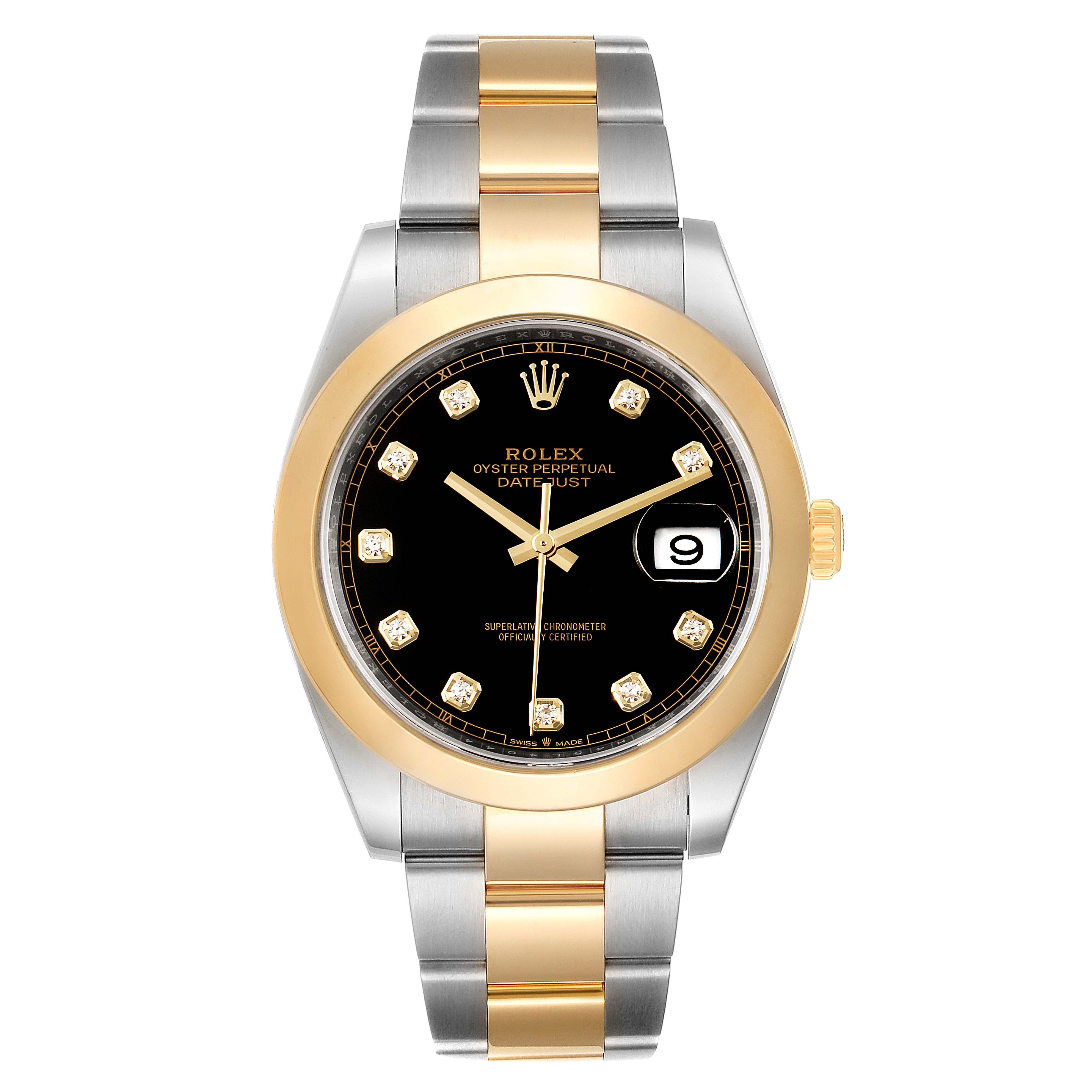 This is a front view of a Rolex Datejust 41 126303 Men's Steel and Gold (two tone) Black Dial 126303 Men's Steel and Gold (two tone) Black Dial, showcasing its black dial, gold bezel, and two-tone bracelet.