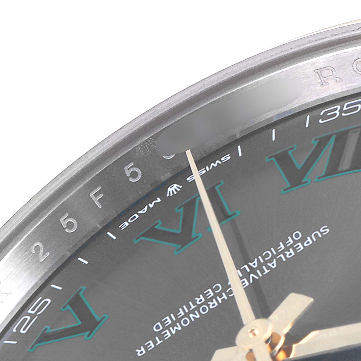 The image shows a close-up view of the dial, hour markers, and minute hand of the Rolex Datejust 41 126303 Men's Steel and Gold (two tone) Grey Dial 126303 Men's Steel and Gold (two tone) Grey Dial model.