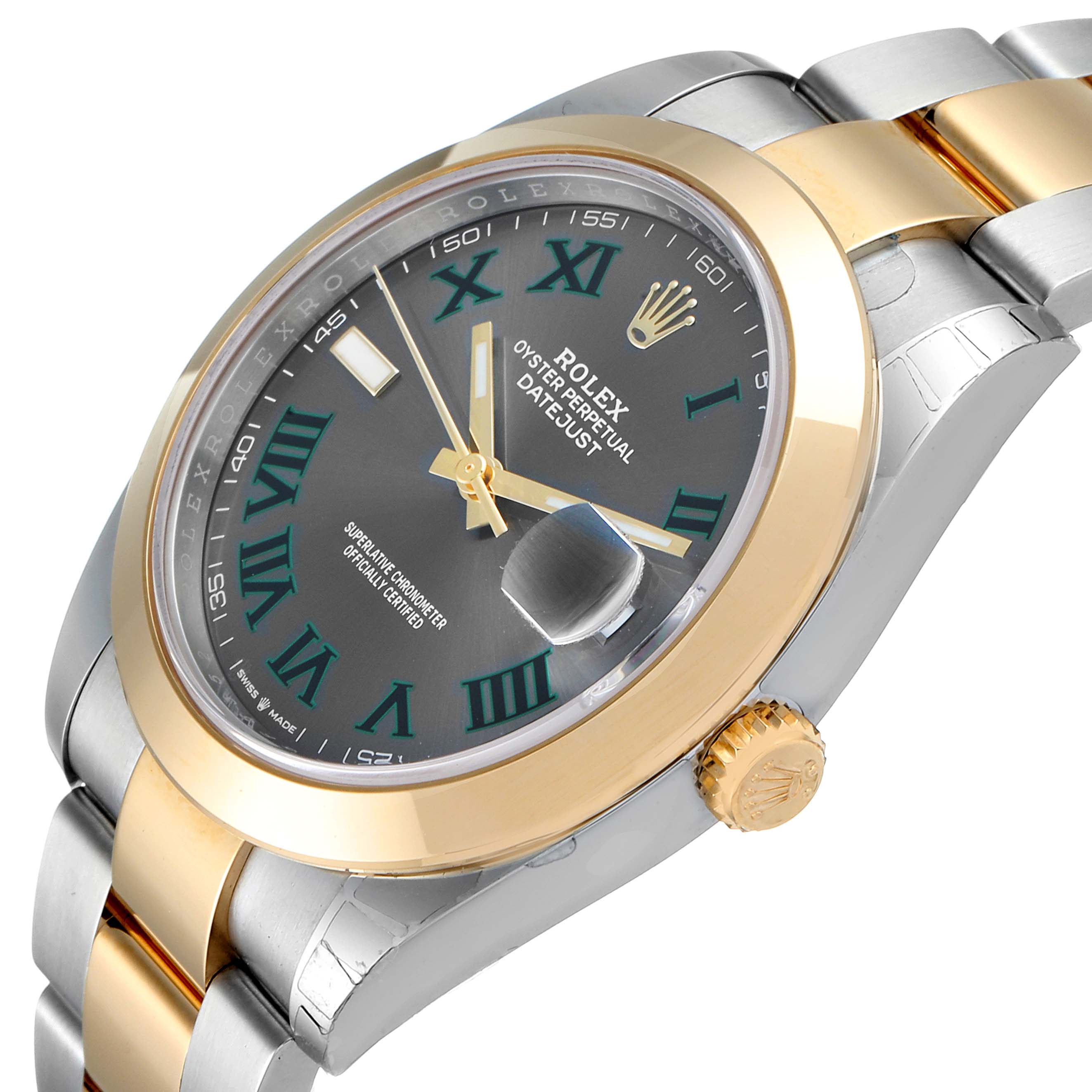 The image shows a Rolex Datejust 41 126303 Men's Steel and Gold (two tone) Grey Dial 126303 Men's Steel and Gold (two tone) Grey Dial from a side angle, displaying the case, bezel, crown, dial, and part of the bracelet.