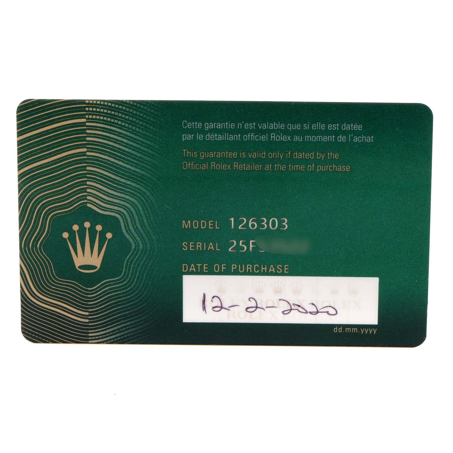 This image shows a Rolex guarantee card for the Datejust 41 model.
