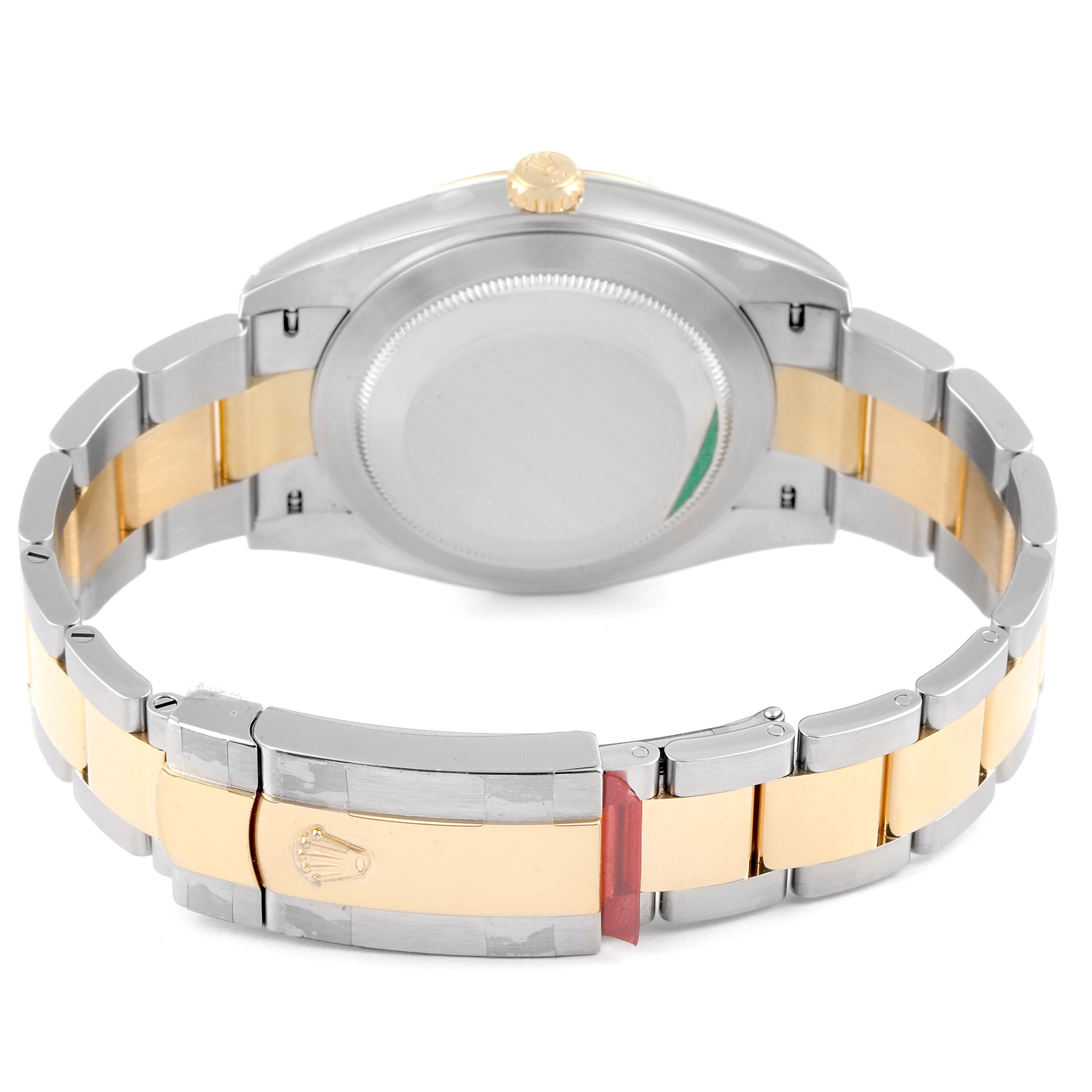 This image shows the back of the Rolex Datejust 41 126303 Men's Steel and Gold (two tone) Grey Dial 126303 Men's Steel and Gold (two tone) Grey Dial watch, focusing on the case back and bicolor bracelet with the clasp open.