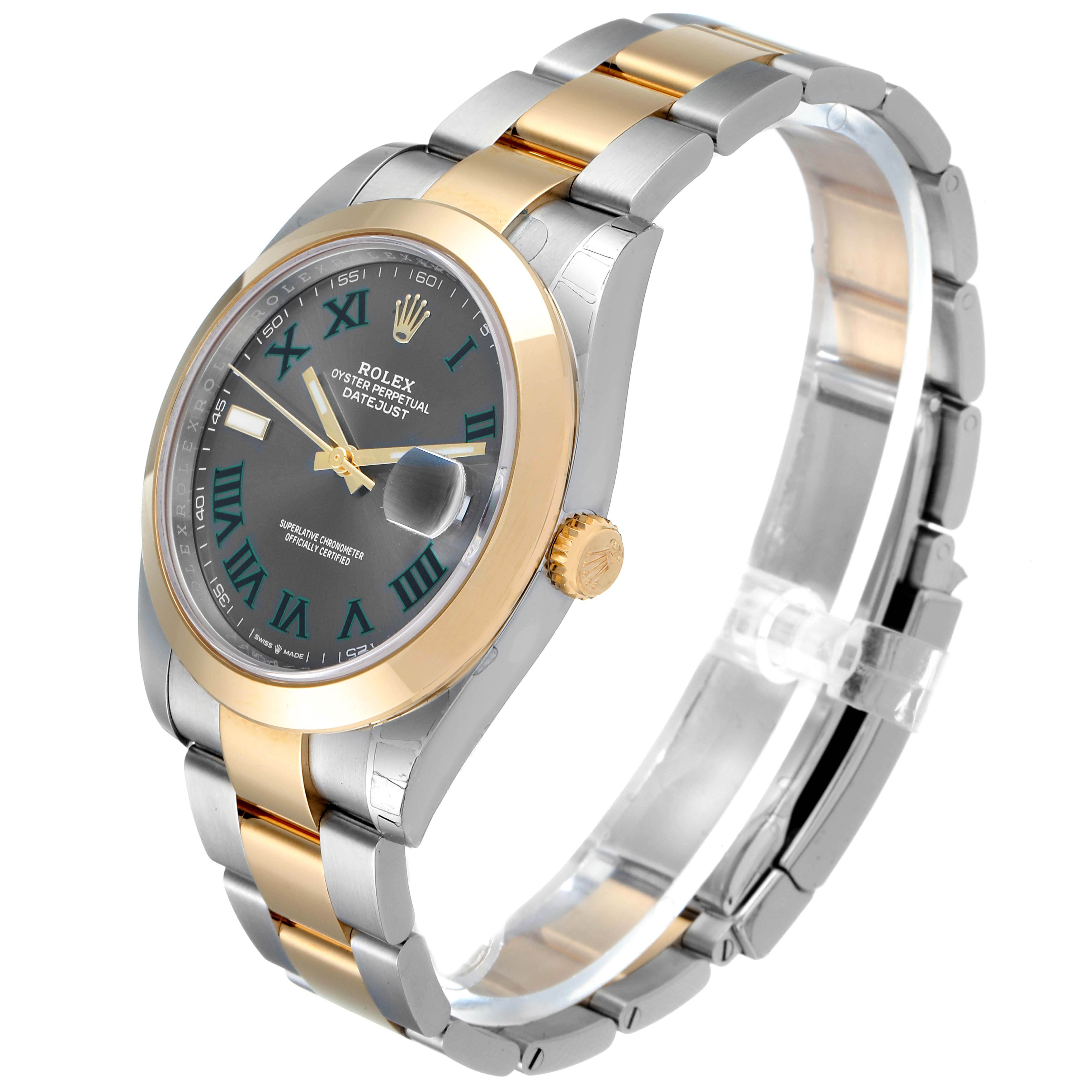 This image shows a side-angle view of the Rolex Datejust 41 126303 Men's Steel and Gold (two tone) Grey Dial 126303 Men's Steel and Gold (two tone) Grey Dial watch, highlighting its two-tone bracelet, bezel, and dial with Roman numerals.