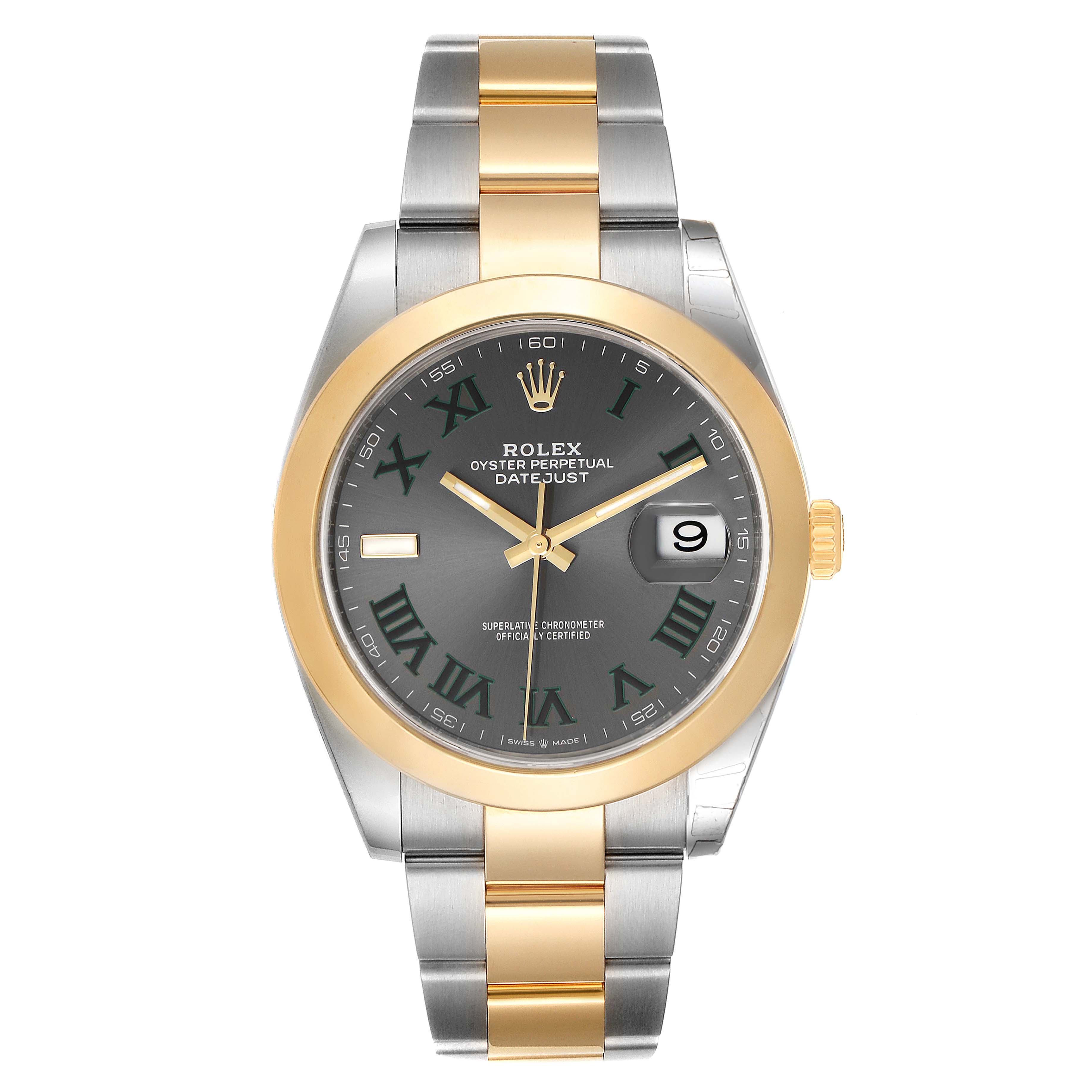 The image shows a front view of the Rolex Datejust 41 126303 Men's Steel and Gold (two tone) Grey Dial 126303 Men's Steel and Gold (two tone) Grey Dial watch, highlighting its two-tone bracelet and dial with a date window.