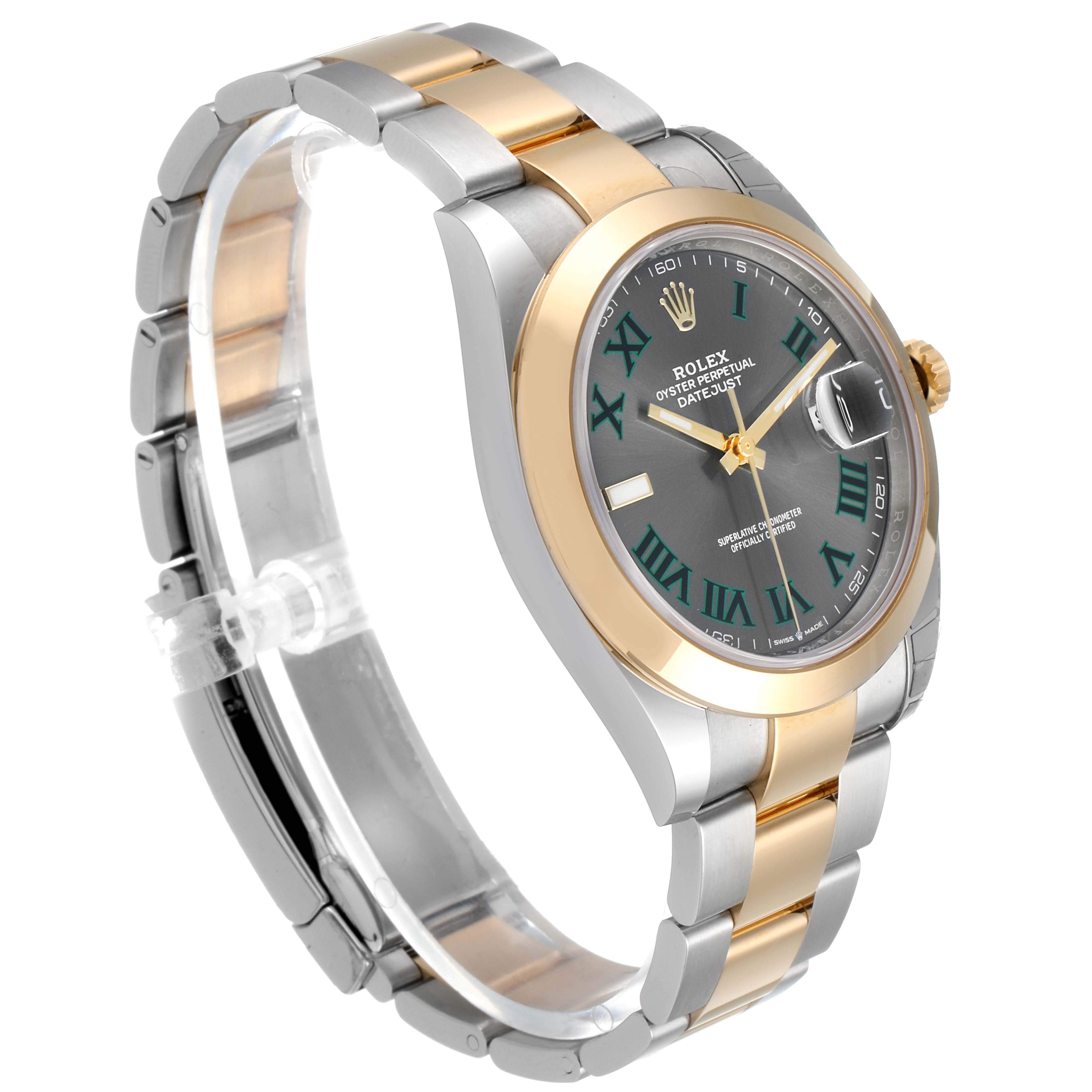 The Rolex Datejust 41 126303 Men's Steel and Gold (two tone) Grey Dial 126303 Men's Steel and Gold (two tone) Grey Dial watch is shown at a slightly angled side view, highlighting its face, bezel, and bracelet.