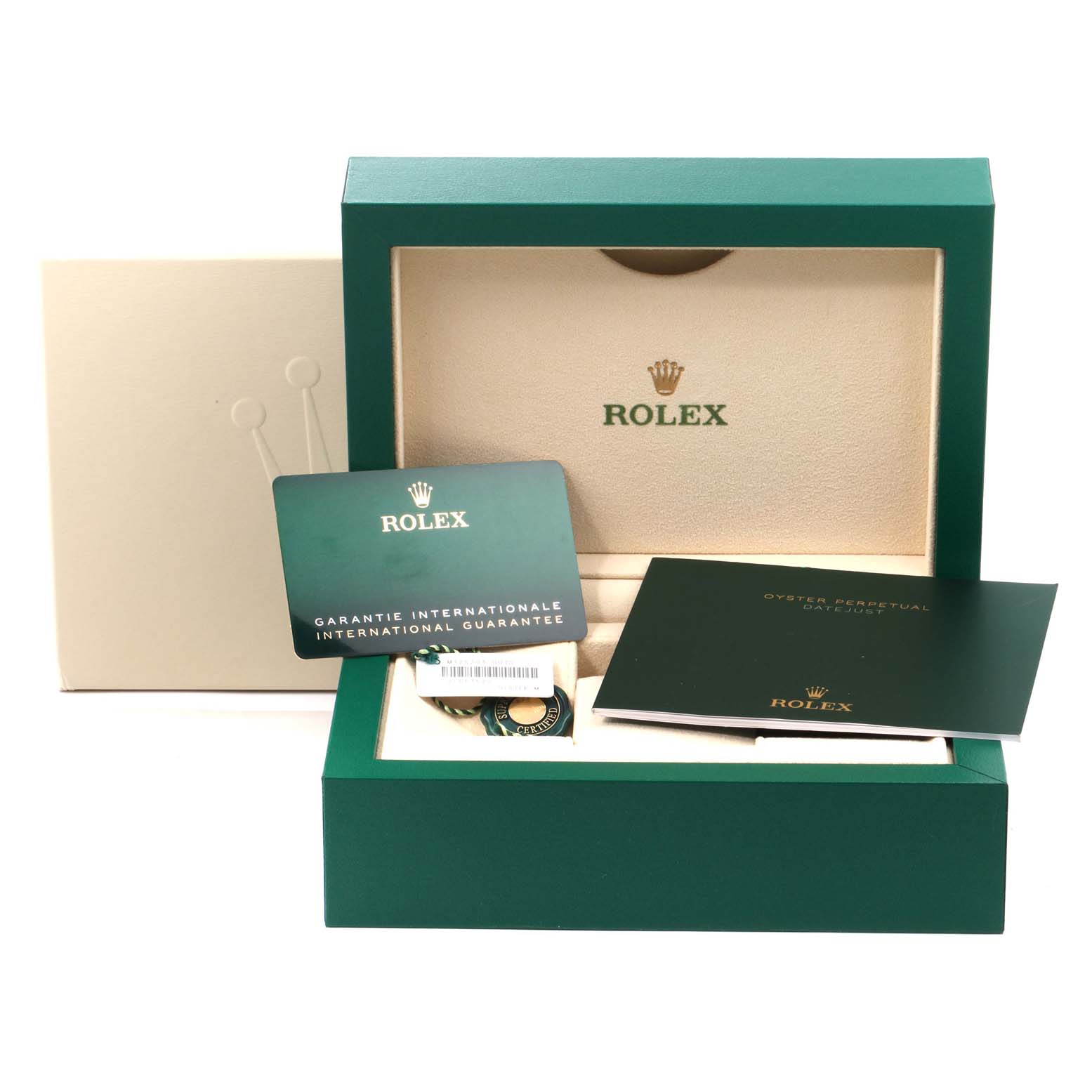 The image shows the packaging and accessories of a Rolex Datejust 41 126303 Men's Steel and Gold (two tone) Grey Dial 126303 Men's Steel and Gold (two tone) Grey Dial, including the inner box, guarantee card, and booklet.