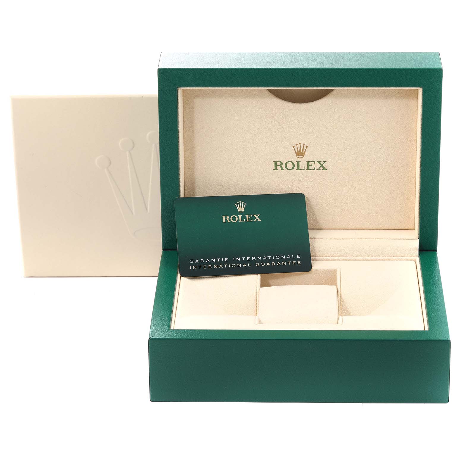 The image shows a Rolex Datejust 41 126300 Men
s Stainless Steel White Dial 126300 Men
s Stainless Steel White Dial watch box, with the inner display case and international guarantee card.