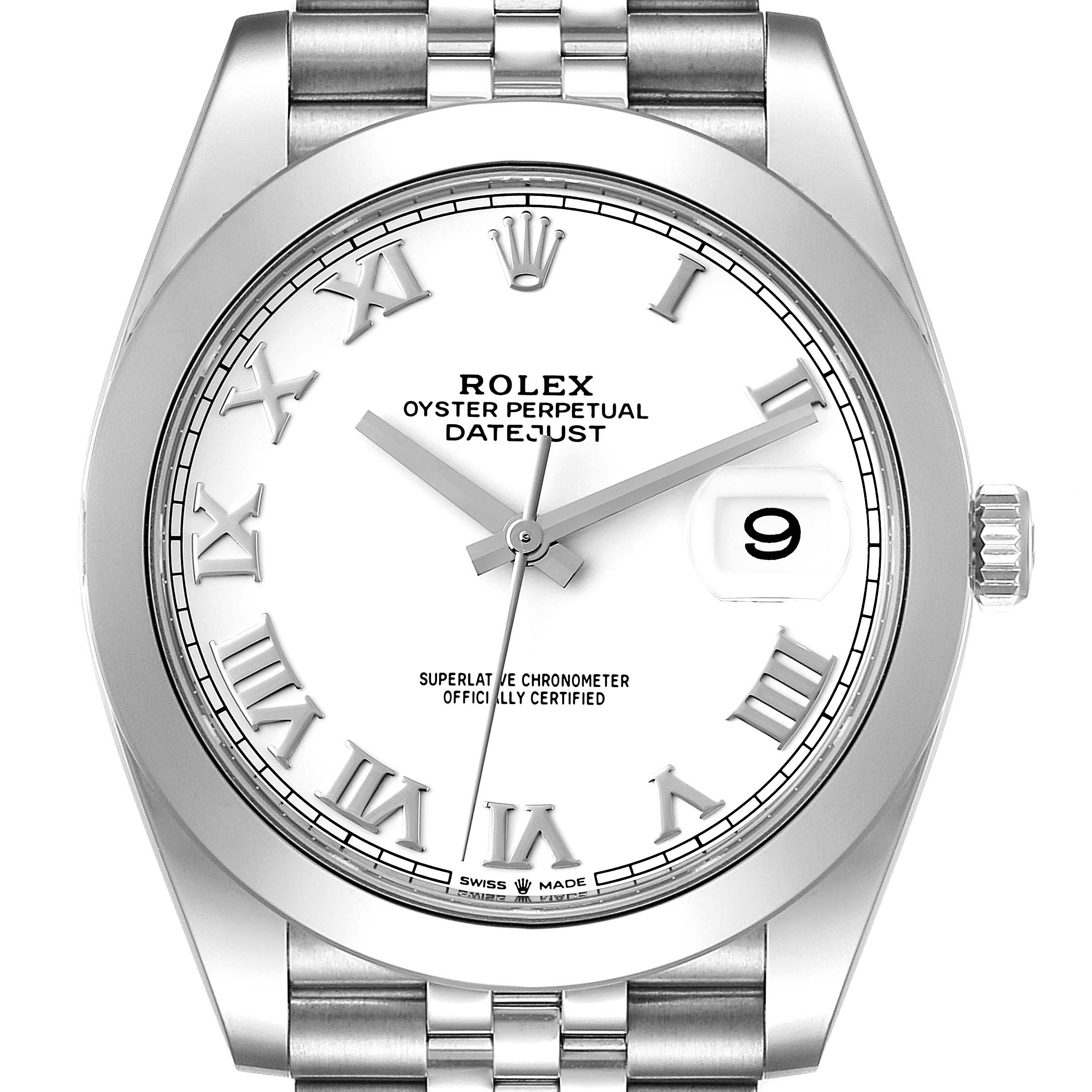 The image shows a frontal view of the Rolex Datejust 41 126300 Men
s Stainless Steel White Dial 126300 Men
s Stainless Steel White Dial, showcasing the dial, hands, date window, and part of the bracelet.