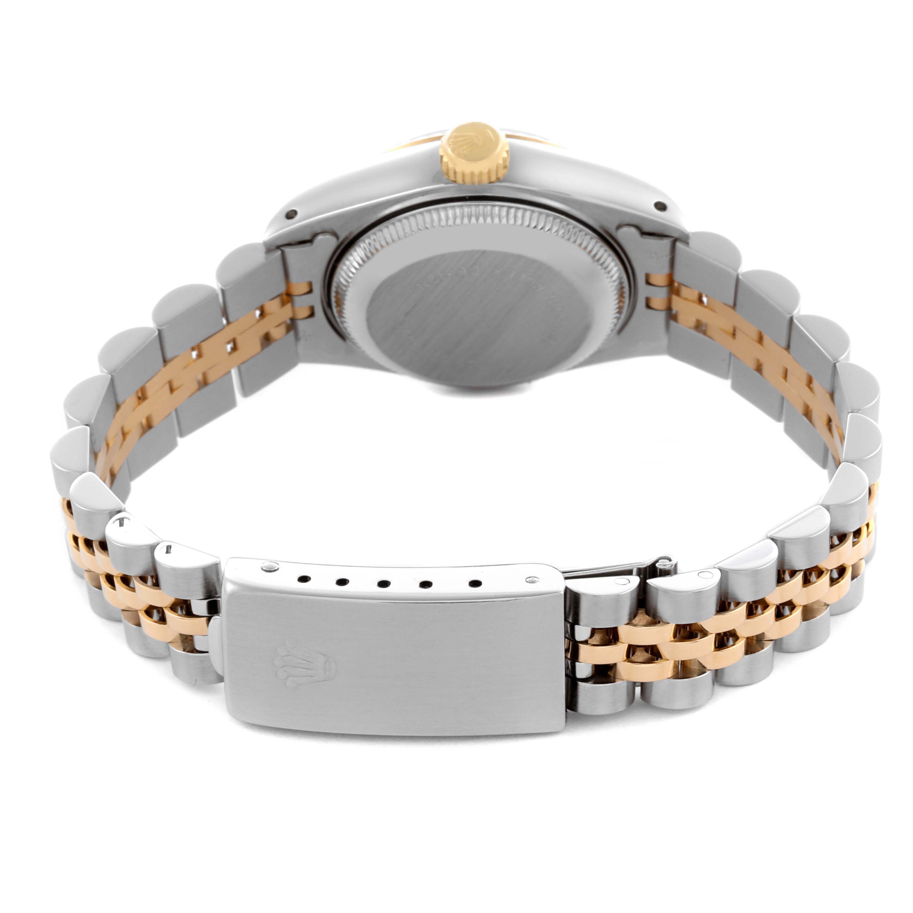 The image shows the back of a Rolex Datejust 69173 Women's Steel and Gold (two tone) Blue Dial 69173 Women's Steel and Gold (two tone) Blue Dial watch, featuring the clasp and bracelet links.