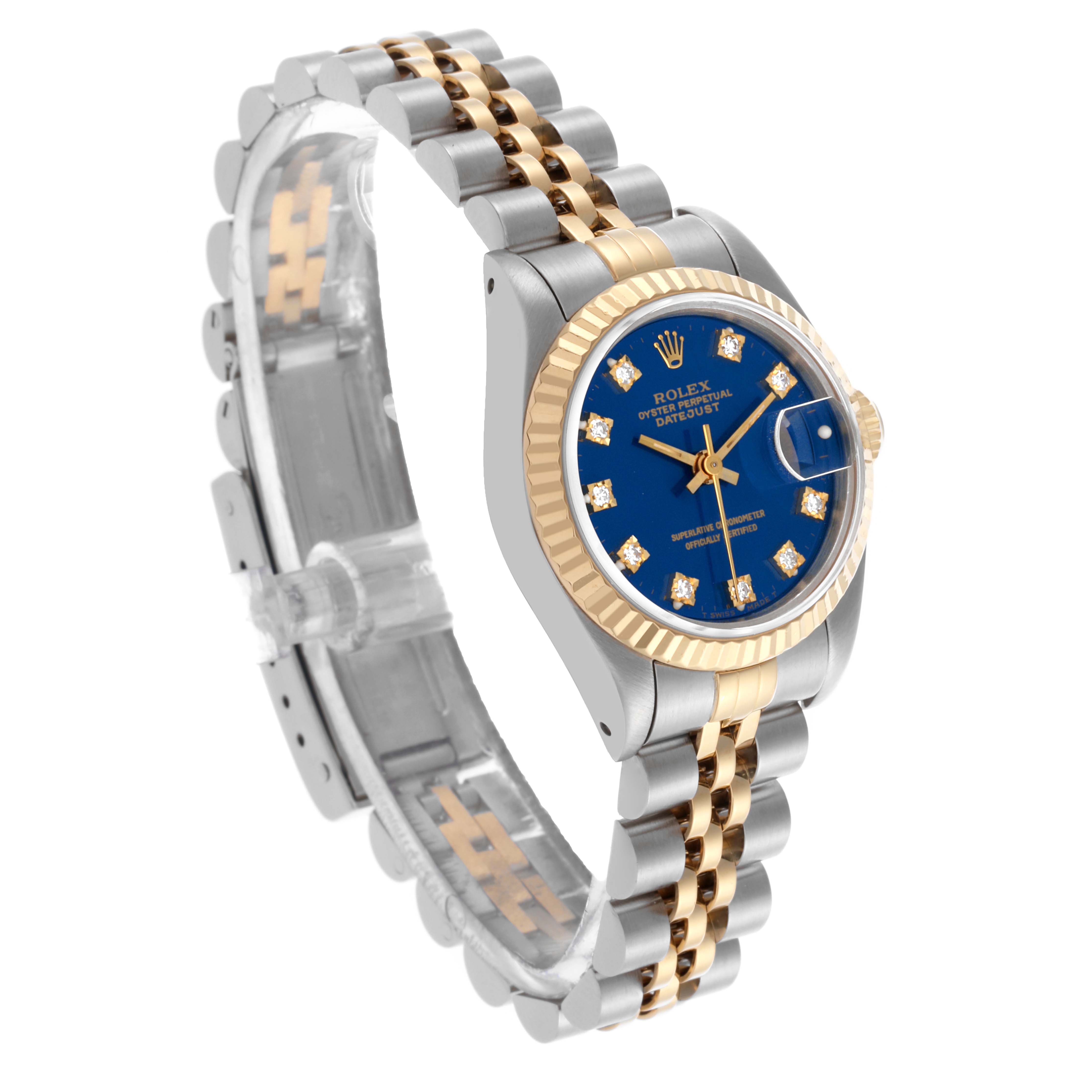 The Rolex Datejust 69173 Women's Steel and Gold (two tone) Blue Dial 69173 Women's Steel and Gold (two tone) Blue Dial watch is shown at a slight angle, highlighting its blue dial, diamond markers, two-tone bezel, and Jubilee bracelet.