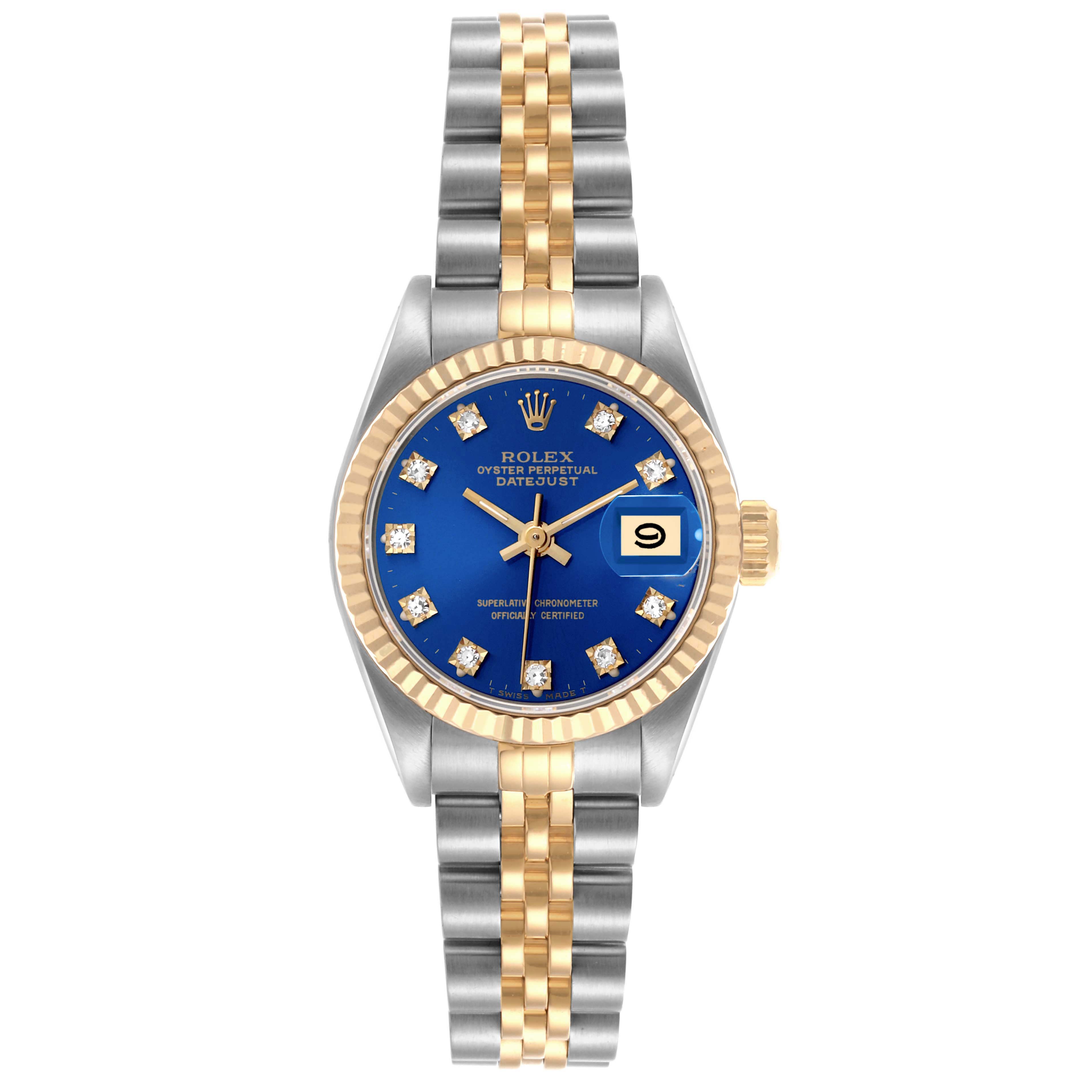 The Rolex Datejust 69173 Women's Steel and Gold (two tone) Blue Dial 69173 Women's Steel and Gold (two tone) Blue Dial watch is shown from a top view, highlighting the dial, bezel, case, and bracelet.