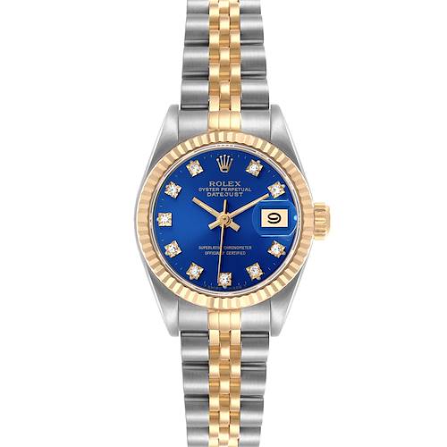 The Rolex Datejust watch is shown from a straight-on angle, highlighting its blue dial, diamond markers, and two-tone Jubilee bracelet.